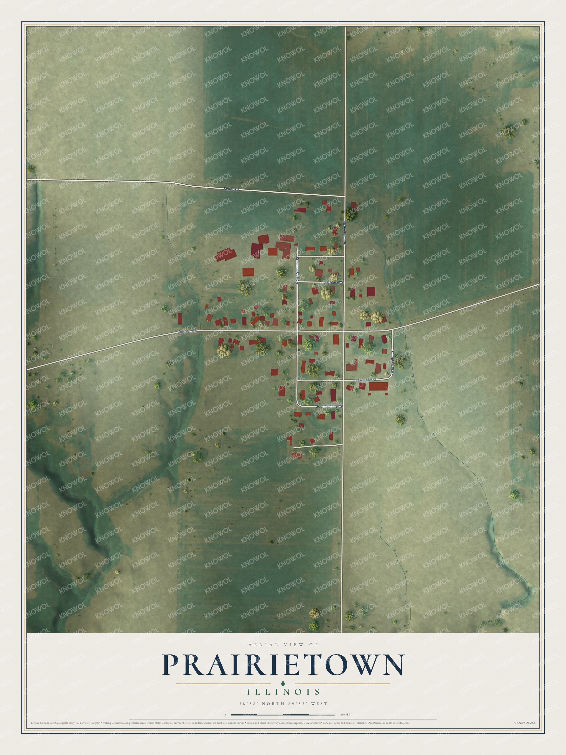 Full map of Prairietown, Illinois, with red buildings, printed street names and the land around them
