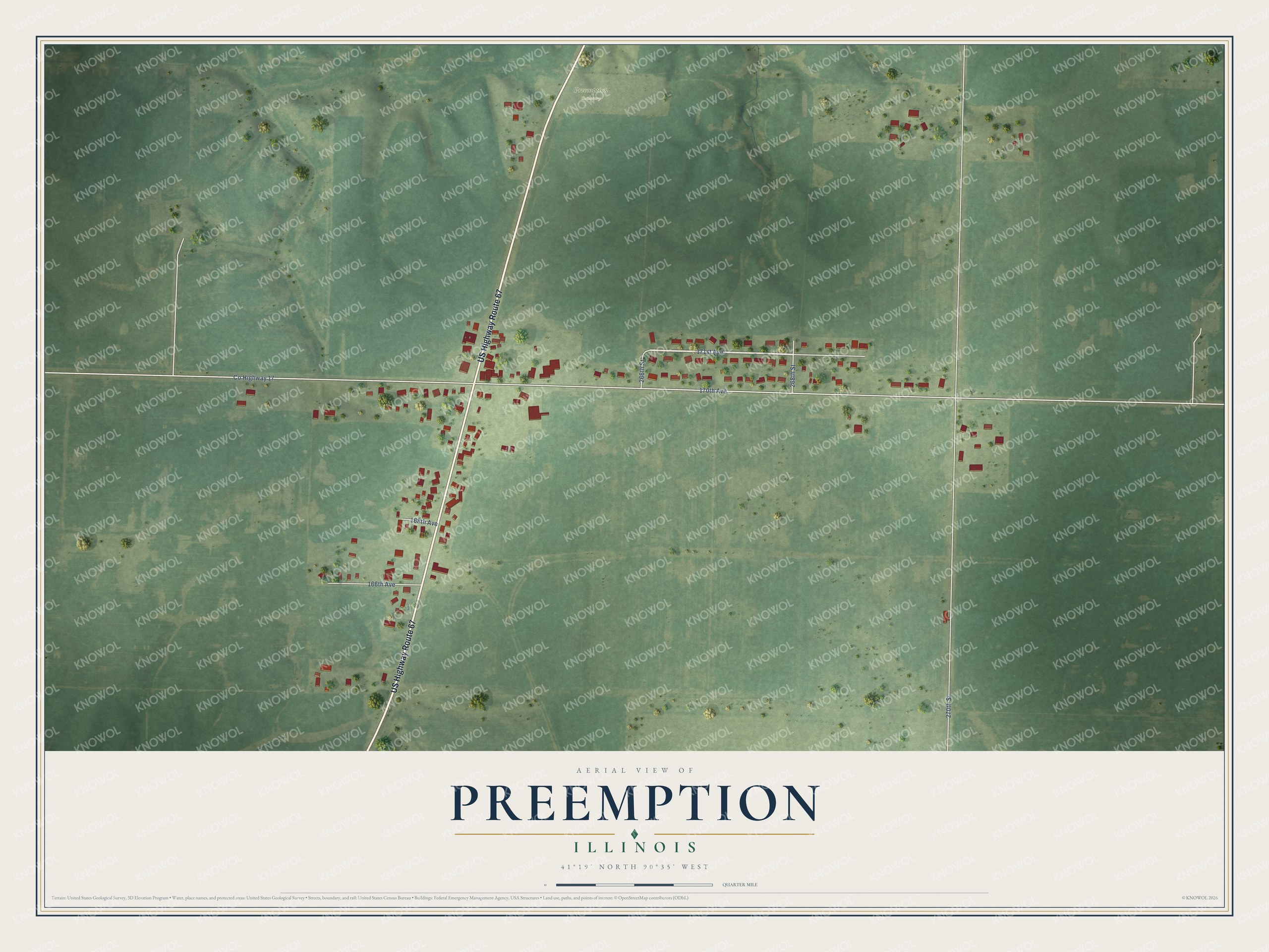 Full map of Preemption, Illinois, with red buildings, printed street names and the land around them