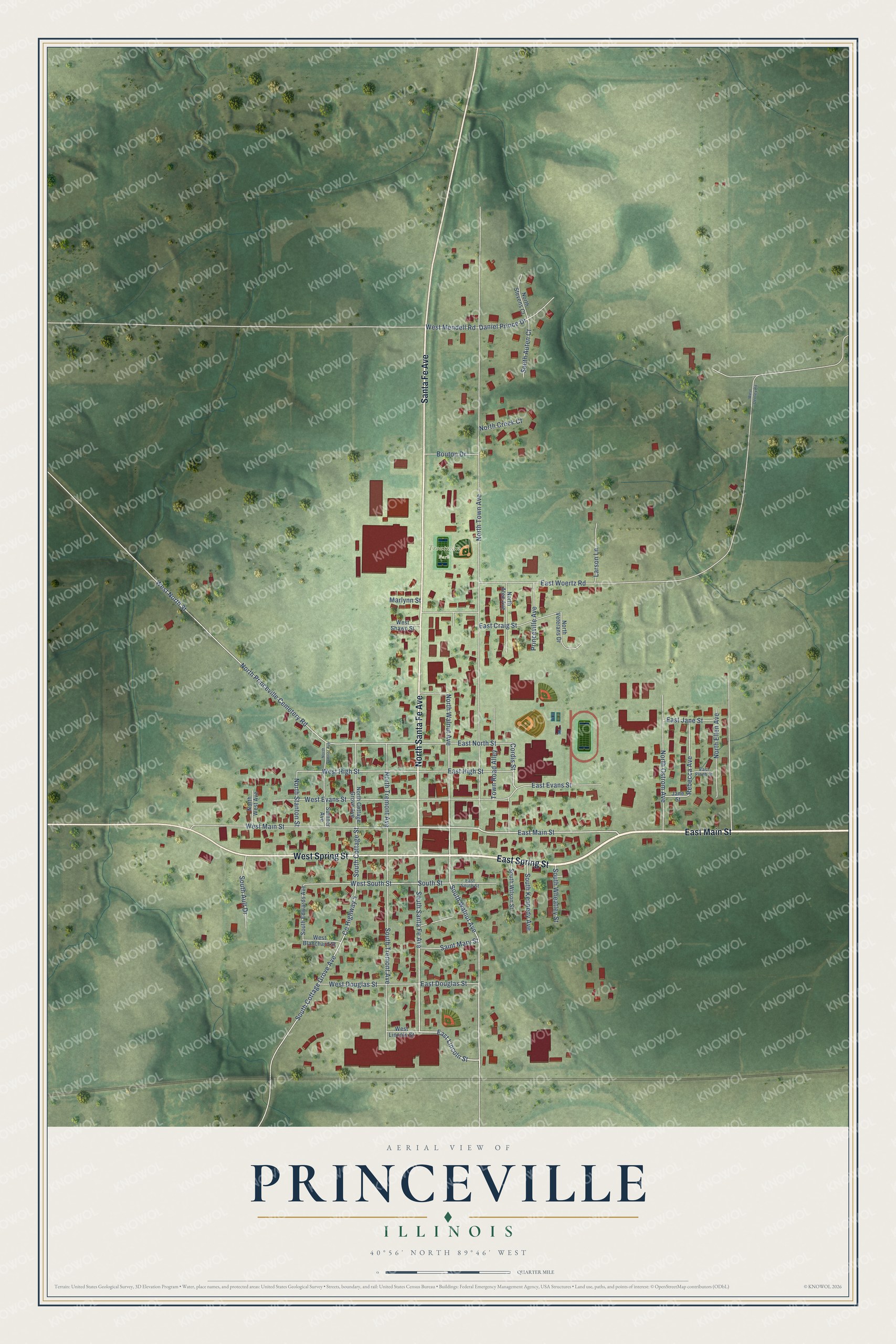 Full map of Princeville, Illinois, with red buildings, printed street names and the land around them