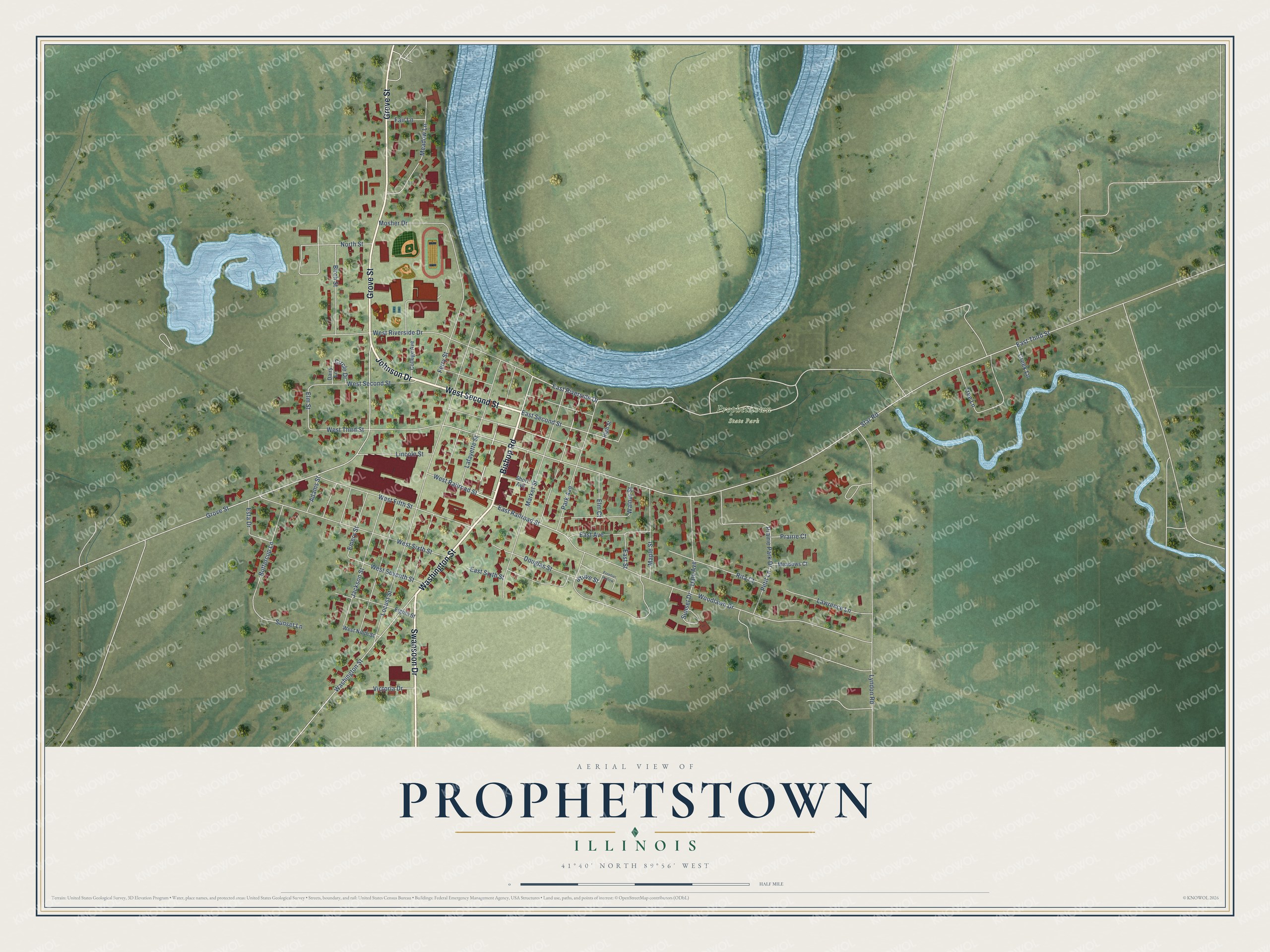 Full map of Prophetstown, Illinois, with red buildings, printed street names and the land around them