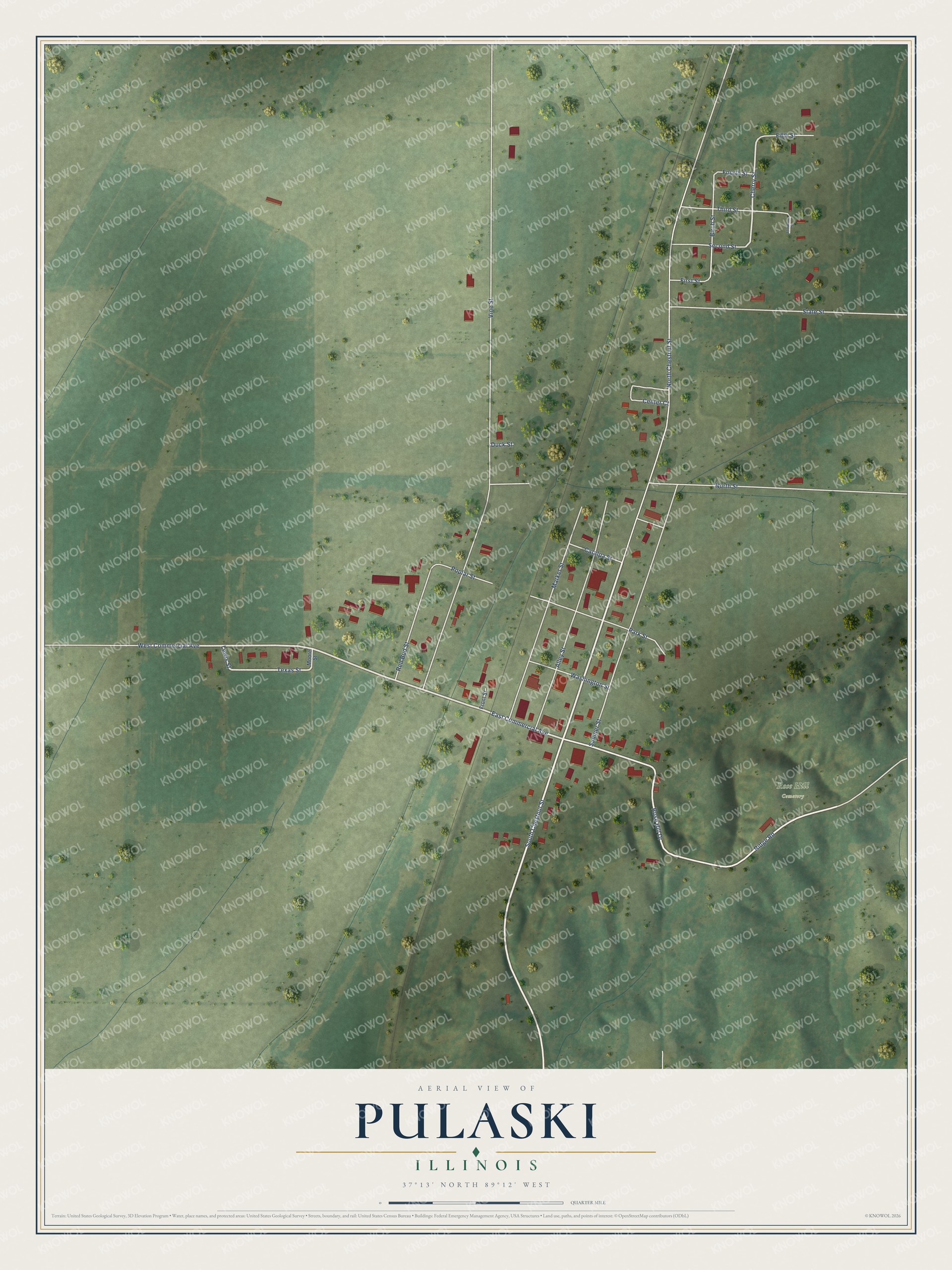 Full map of Pulaski, Illinois, with red buildings, printed street names and the land around them