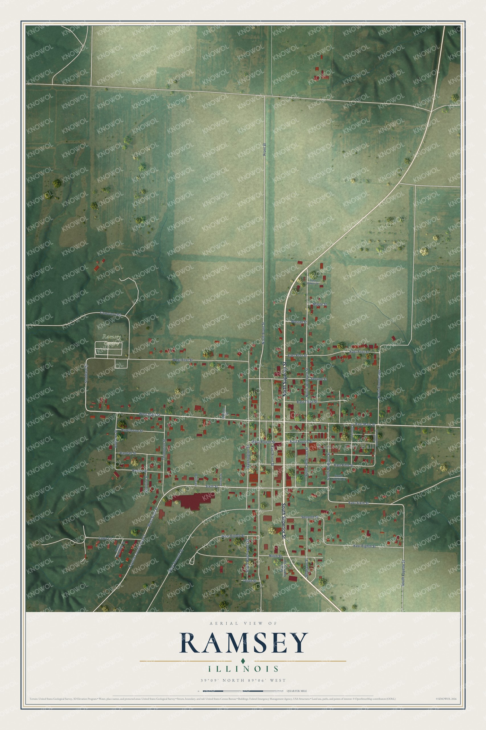 Full map of Ramsey, Illinois, with red buildings, printed street names and the land around them