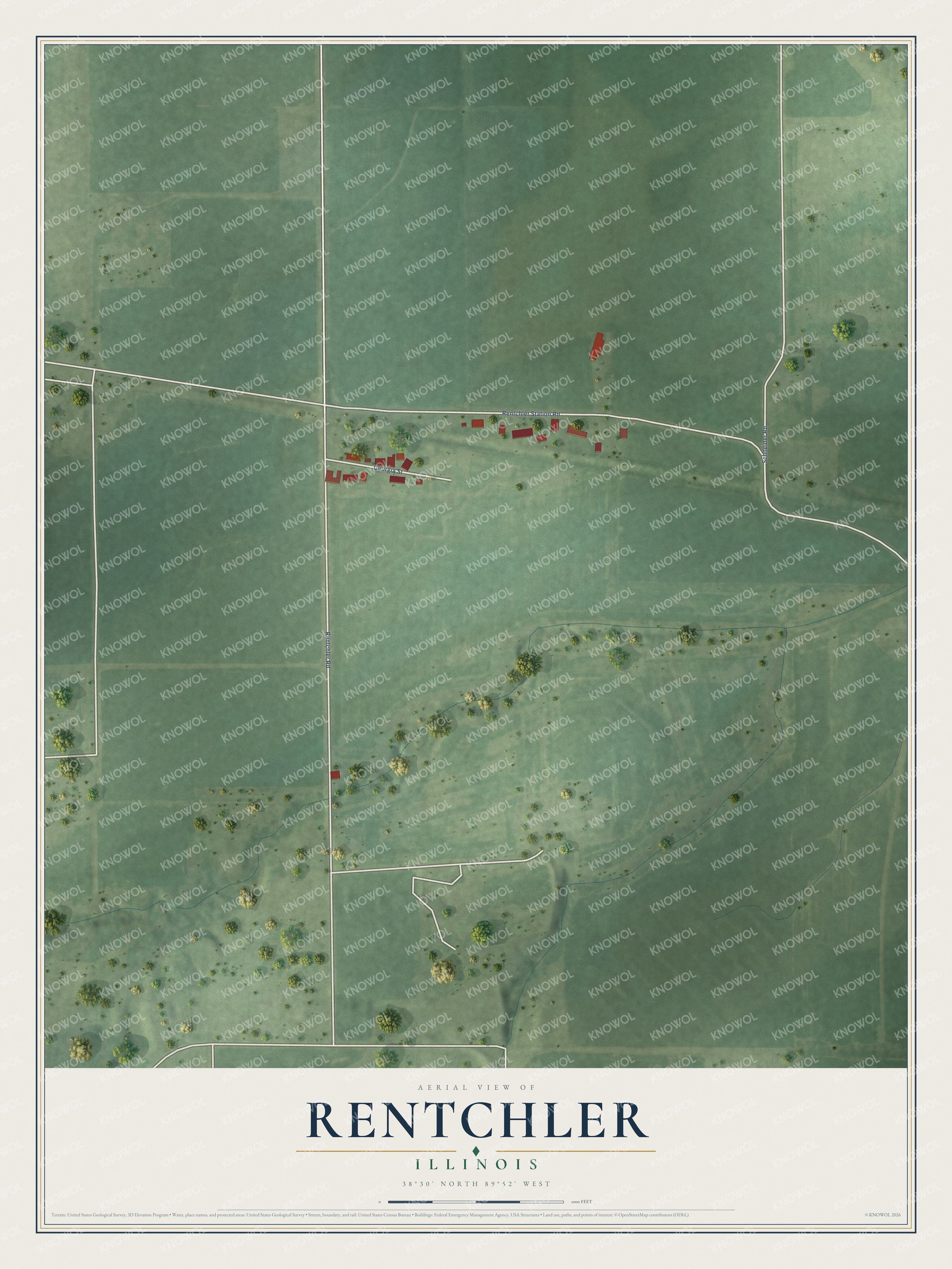 Full map of Rentchler, Illinois, with red buildings, printed street names and the land around them