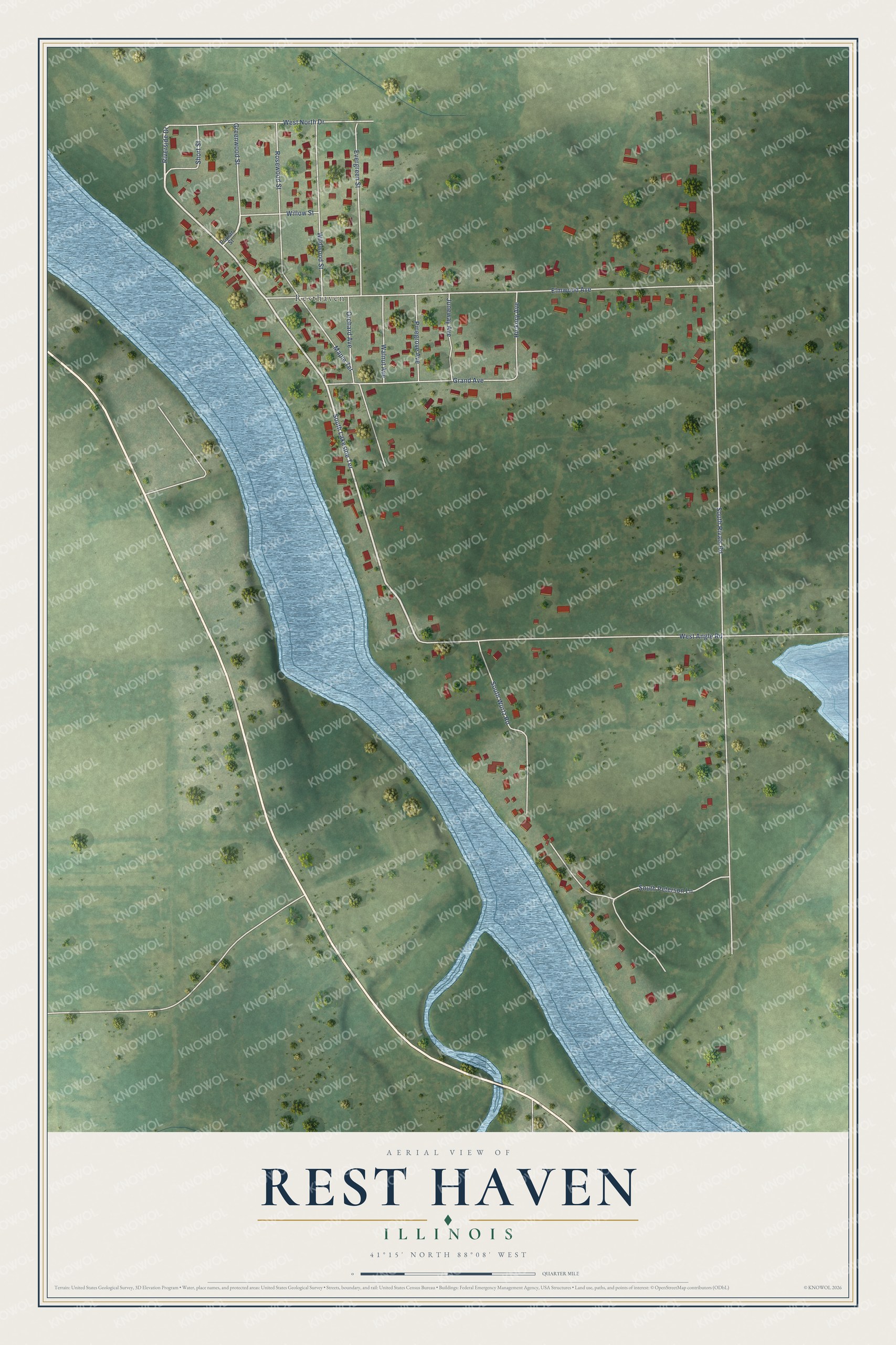 Full map of Rest Haven, Illinois, with red buildings, printed street names and the land around them
