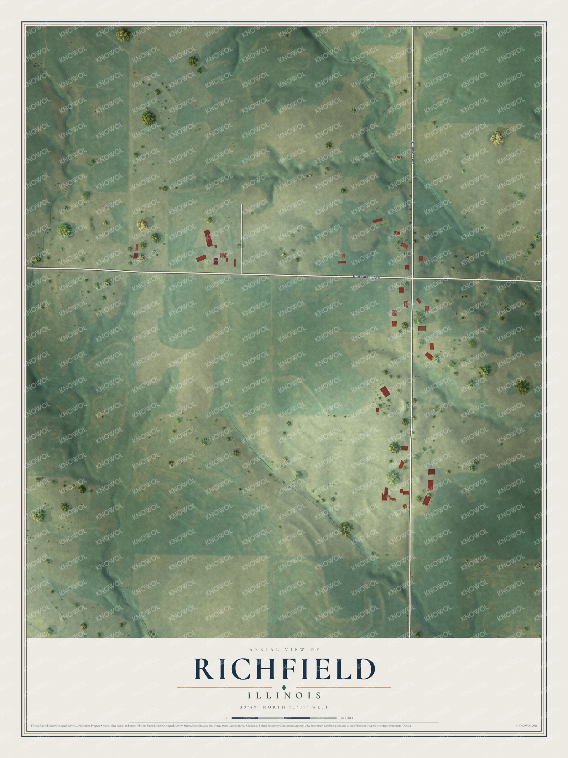 Full map of Richfield, Illinois, with red buildings, printed street names and the land around them