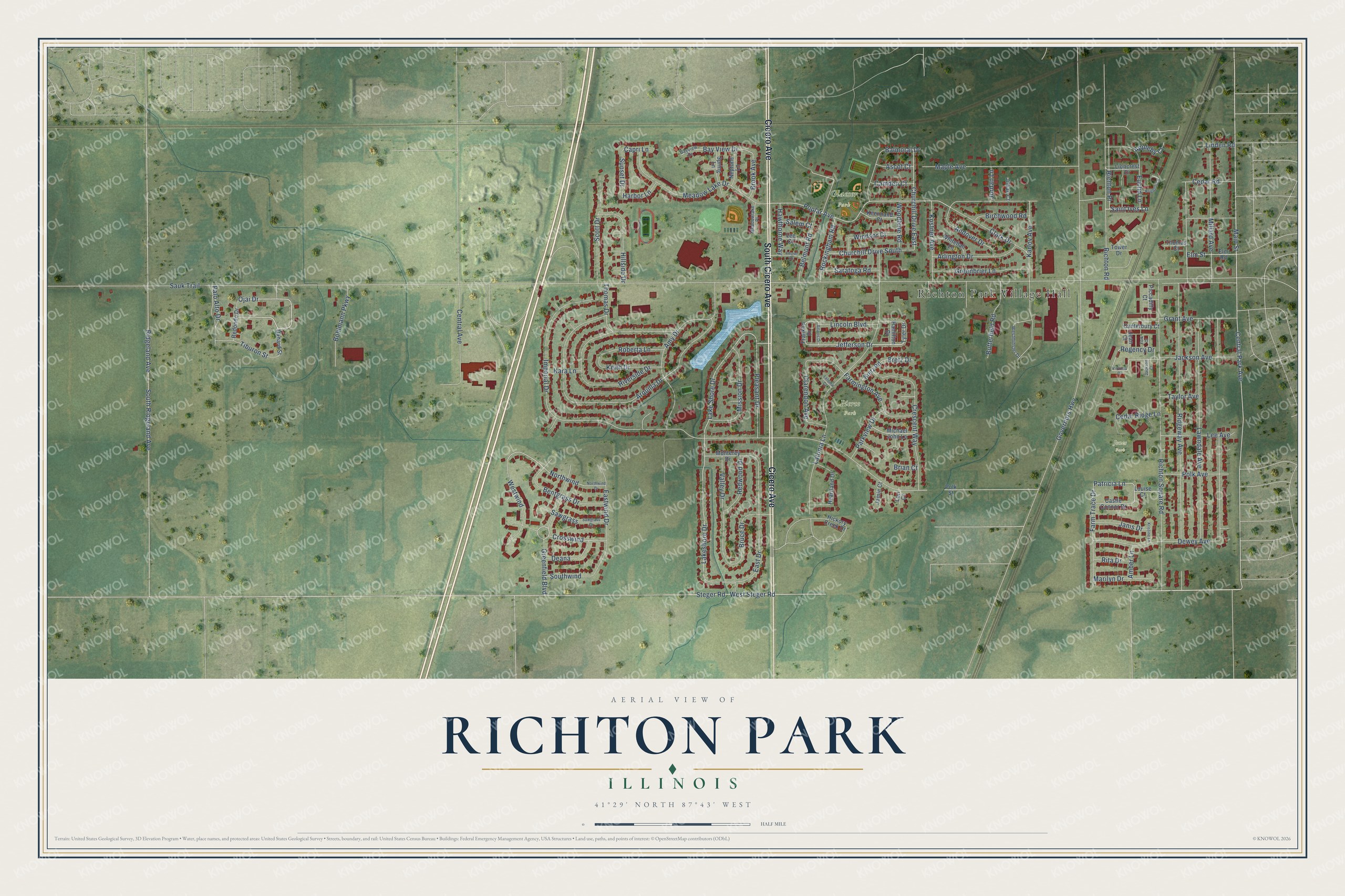 Full map of Richton Park, Illinois, with red buildings, printed street names and the land around them