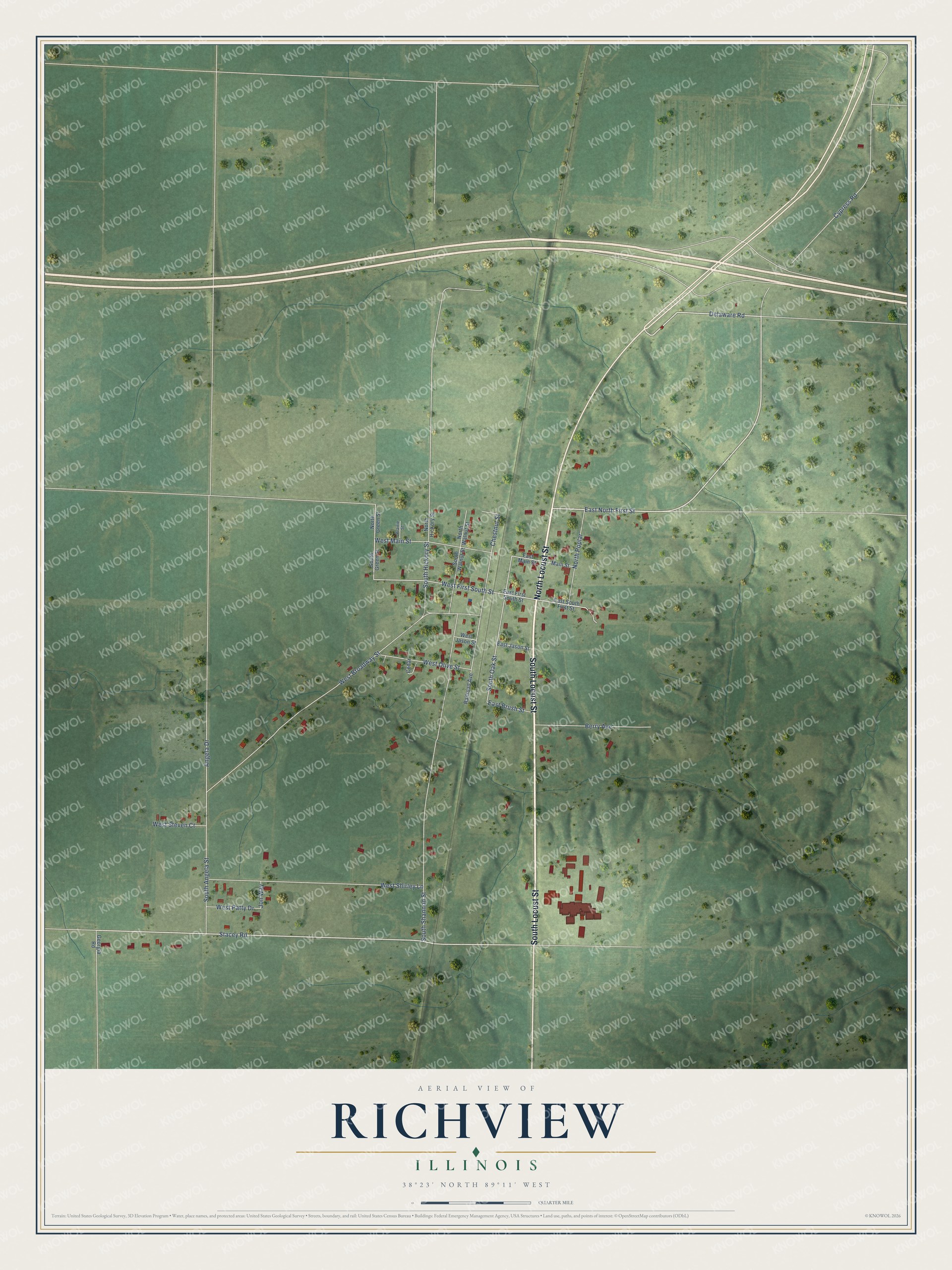 Full map of Richview, Illinois, with red buildings, printed street names and the land around them