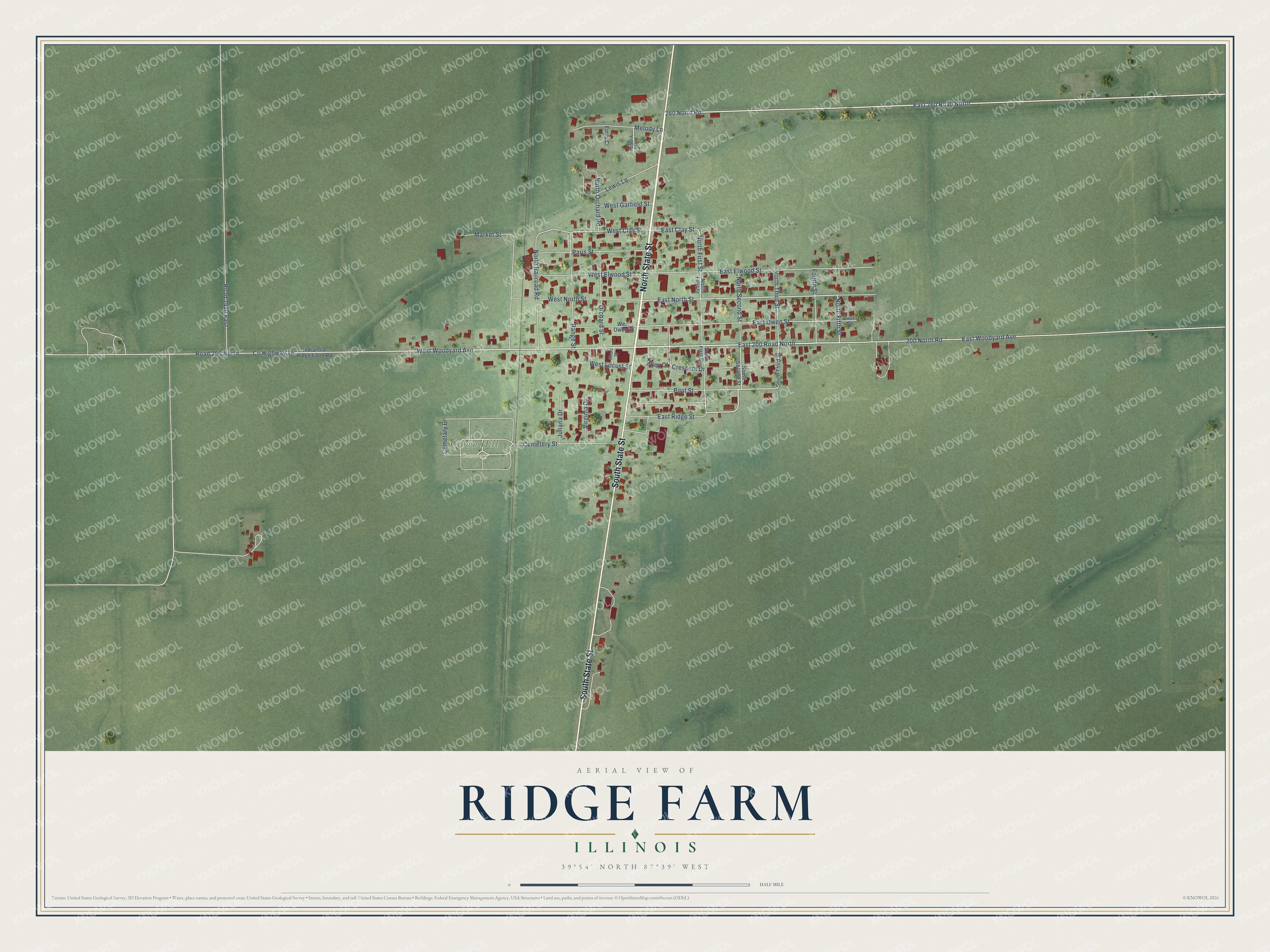 Full map of Ridge Farm, Illinois, with red buildings, printed street names and the land around them