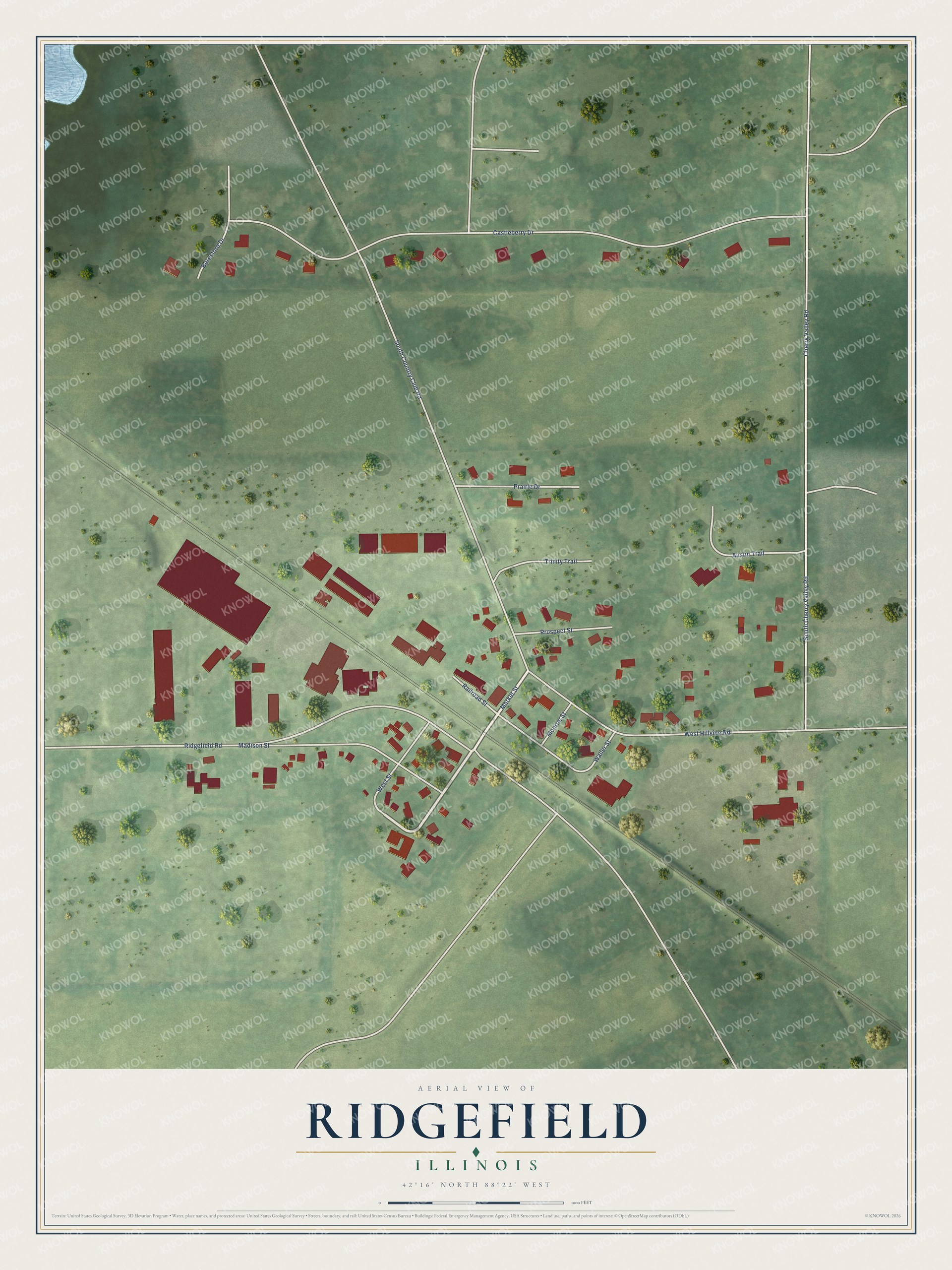 Full map of Ridgefield, Illinois, with red buildings, printed street names and the land around them