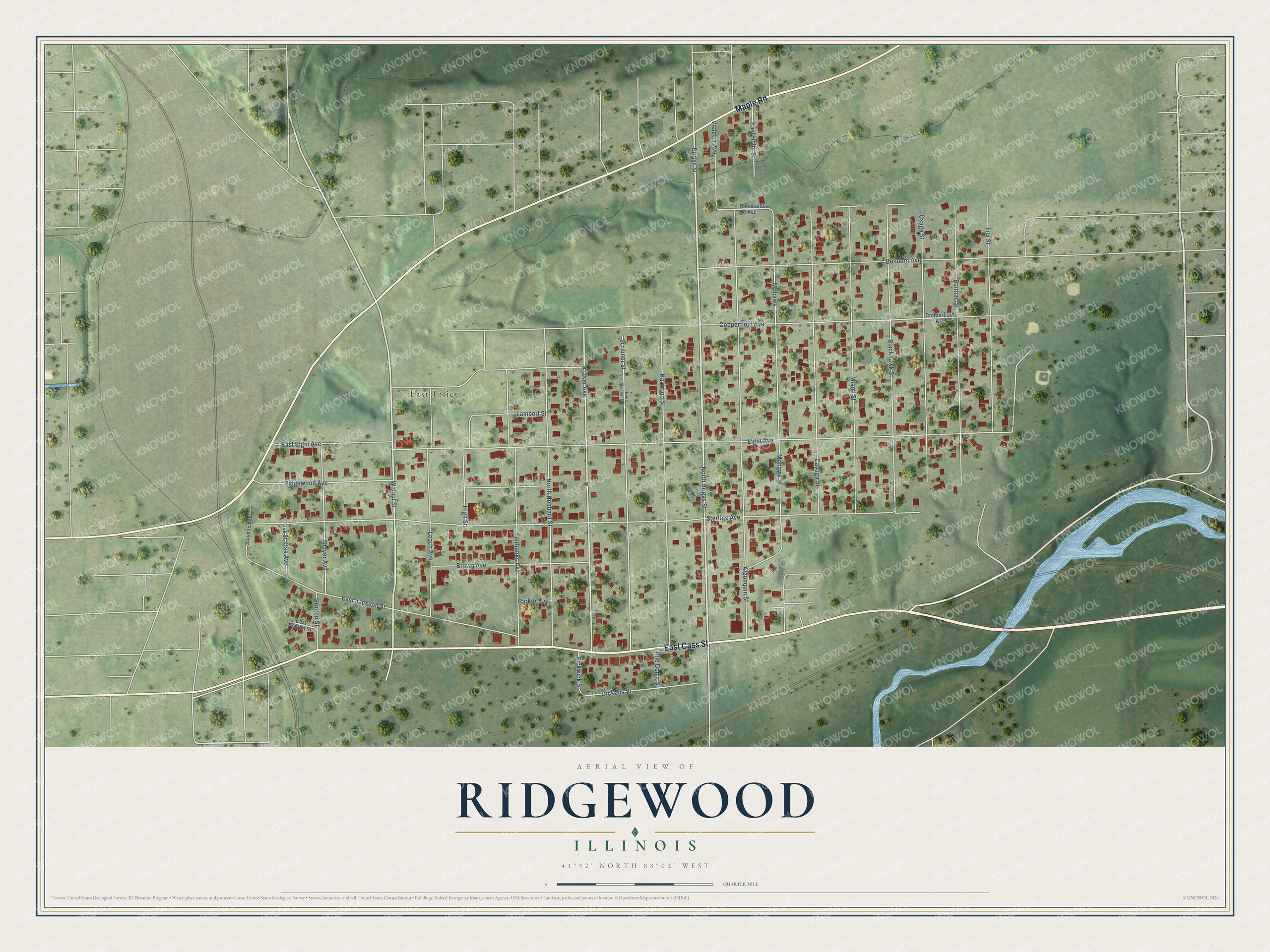 Full map of Ridgewood, Illinois, with red buildings, printed street names and the land around them