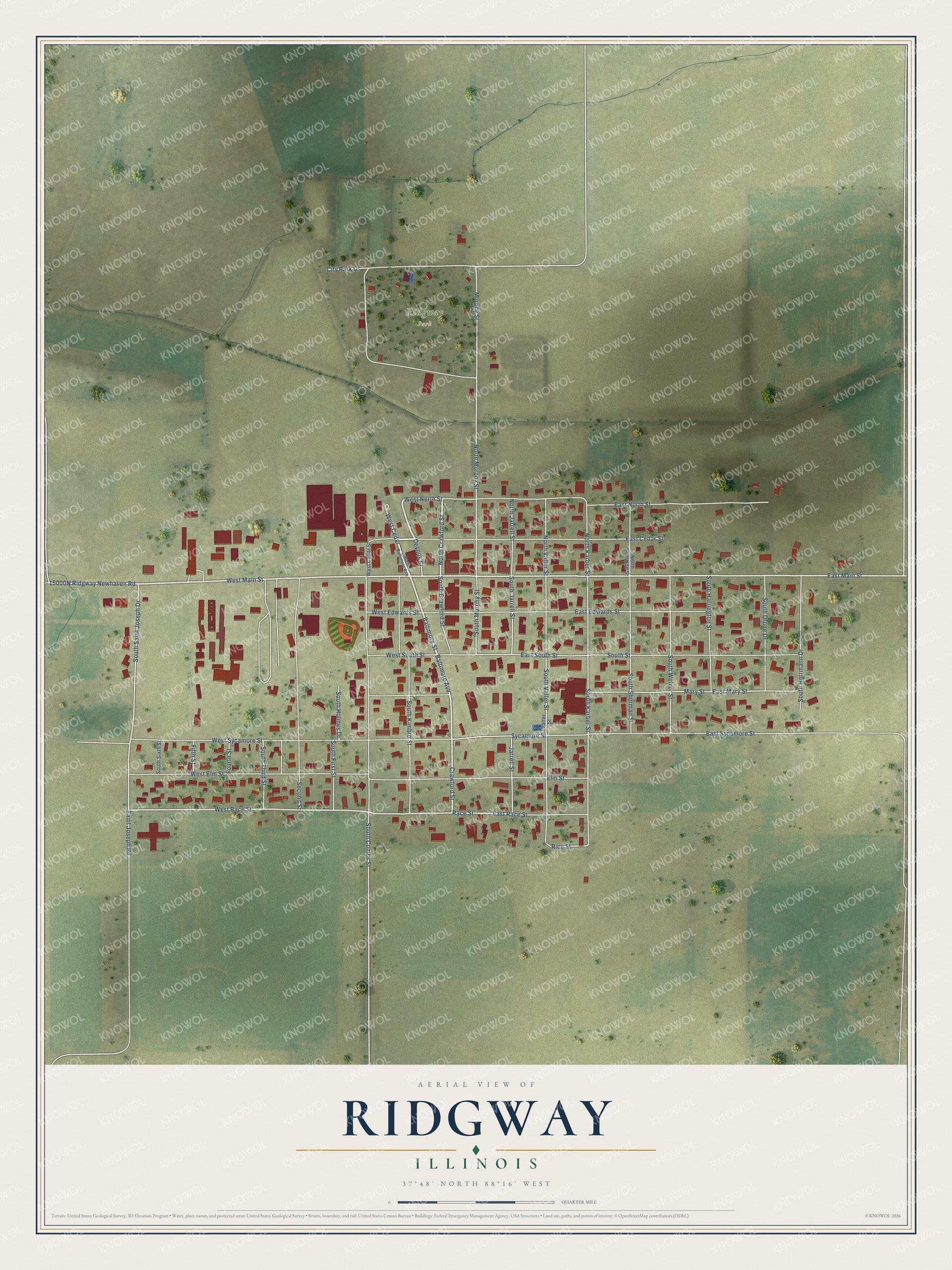 Full map of Ridgway, Illinois, with red buildings, printed street names and the land around them