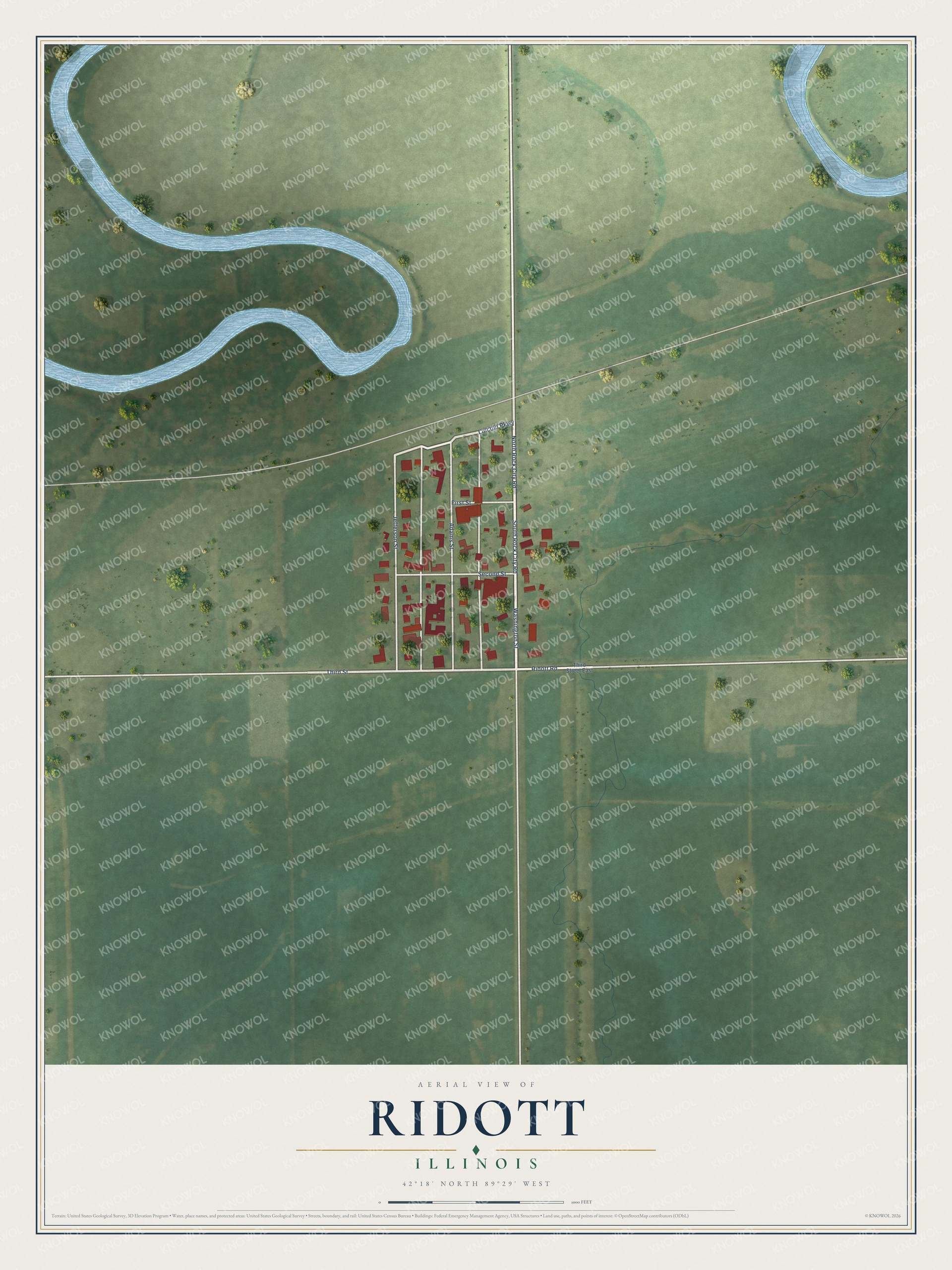Full map of Ridott, Illinois, with red buildings, printed street names and the land around them