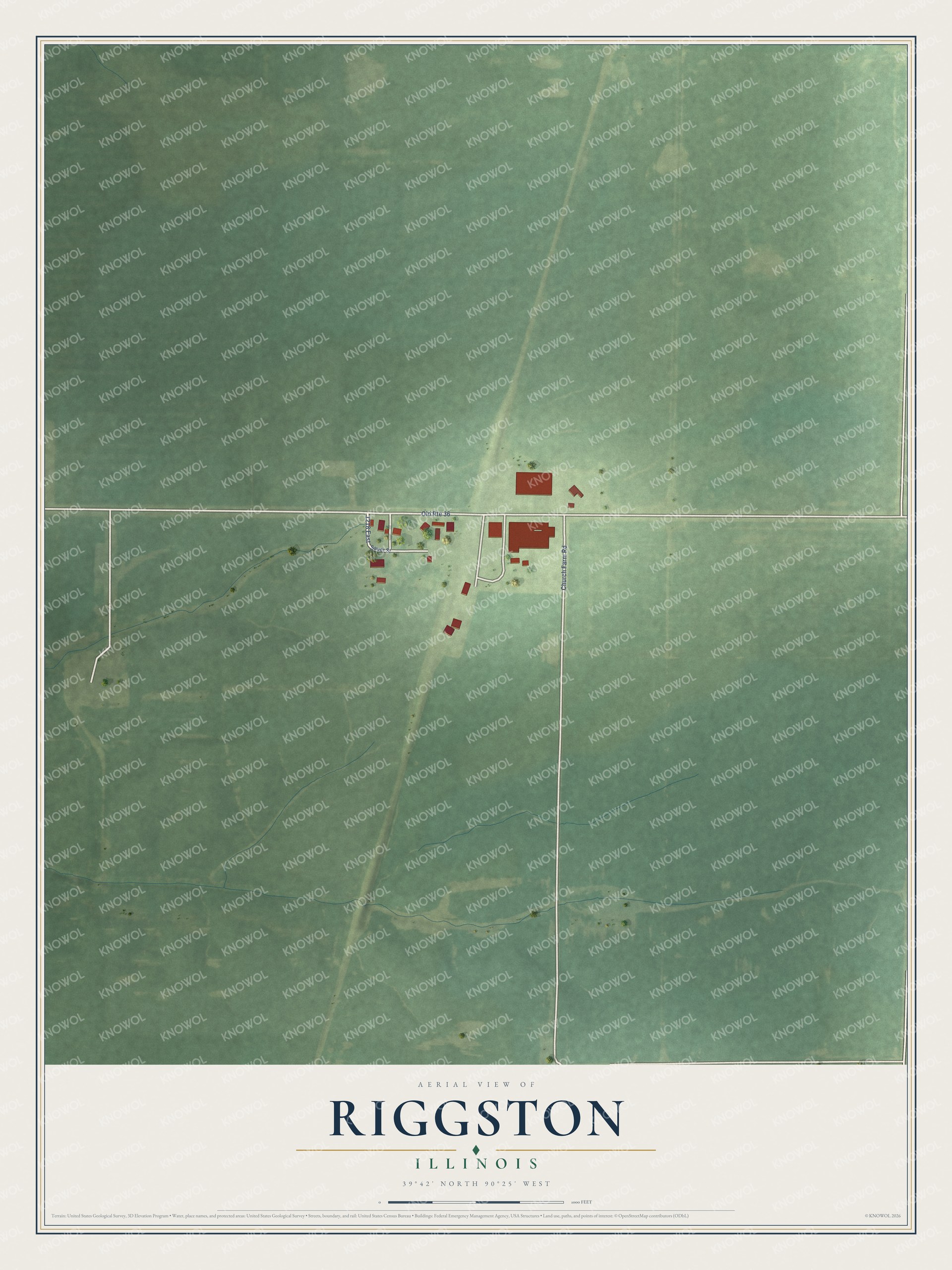Full map of Riggston, Illinois, with red buildings, printed street names and the land around them