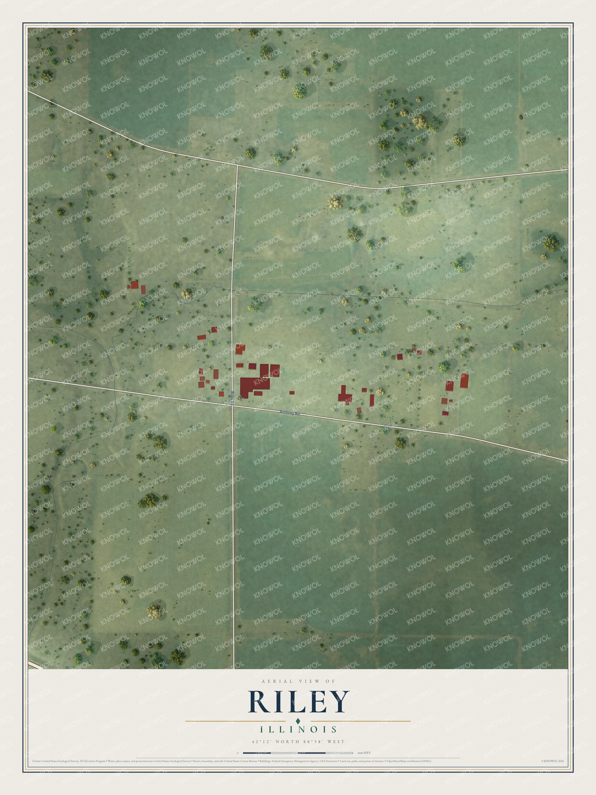 Full map of Riley, Illinois, with red buildings, printed street names and the land around them