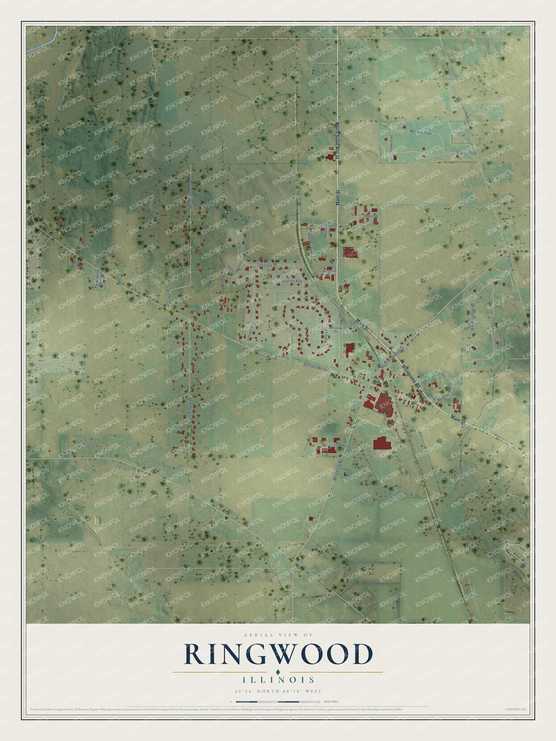 Full map of Ringwood, Illinois, with red buildings, printed street names and the land around them