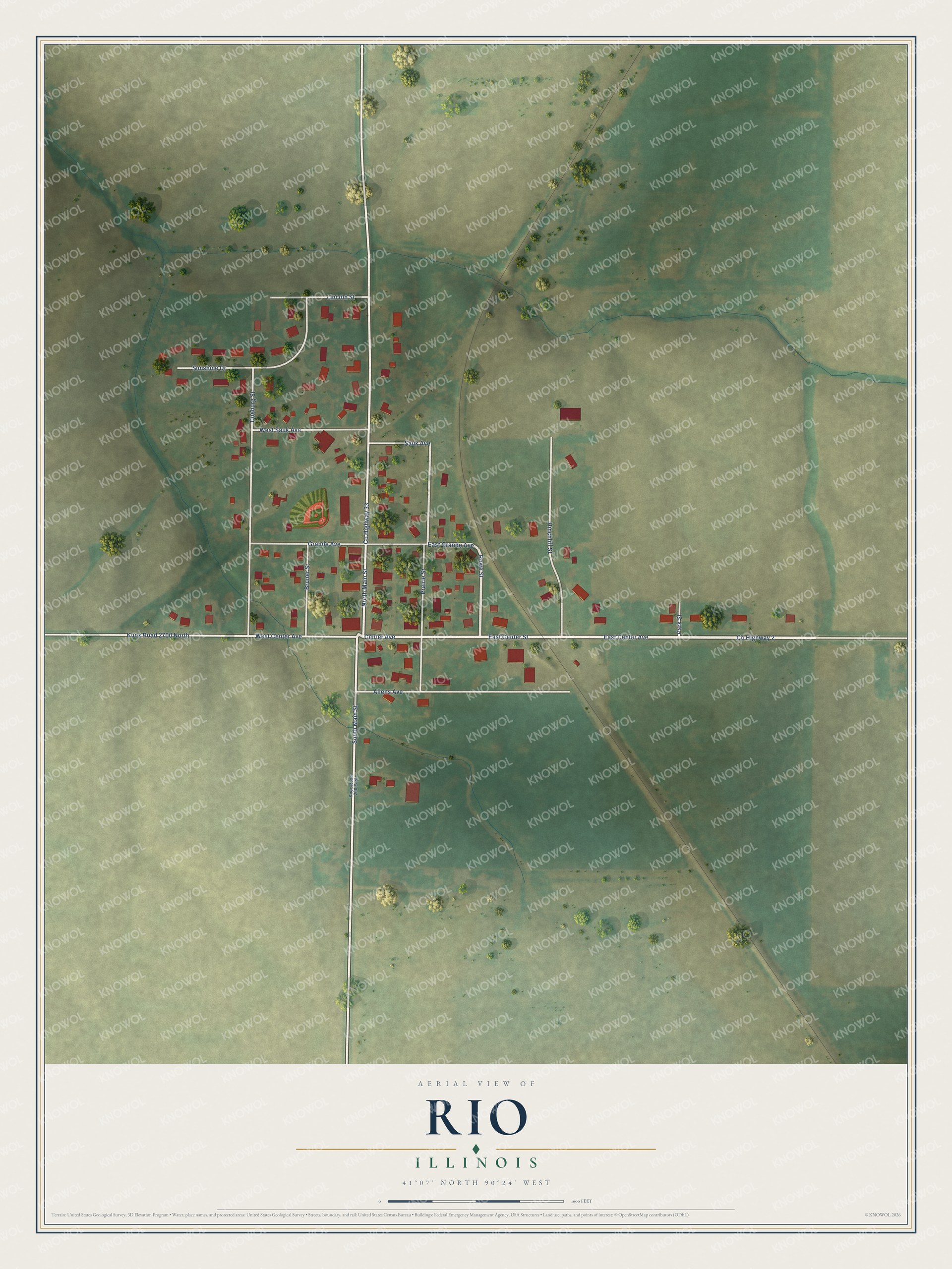 Full map of Rio, Illinois, with red buildings, printed street names and the land around them
