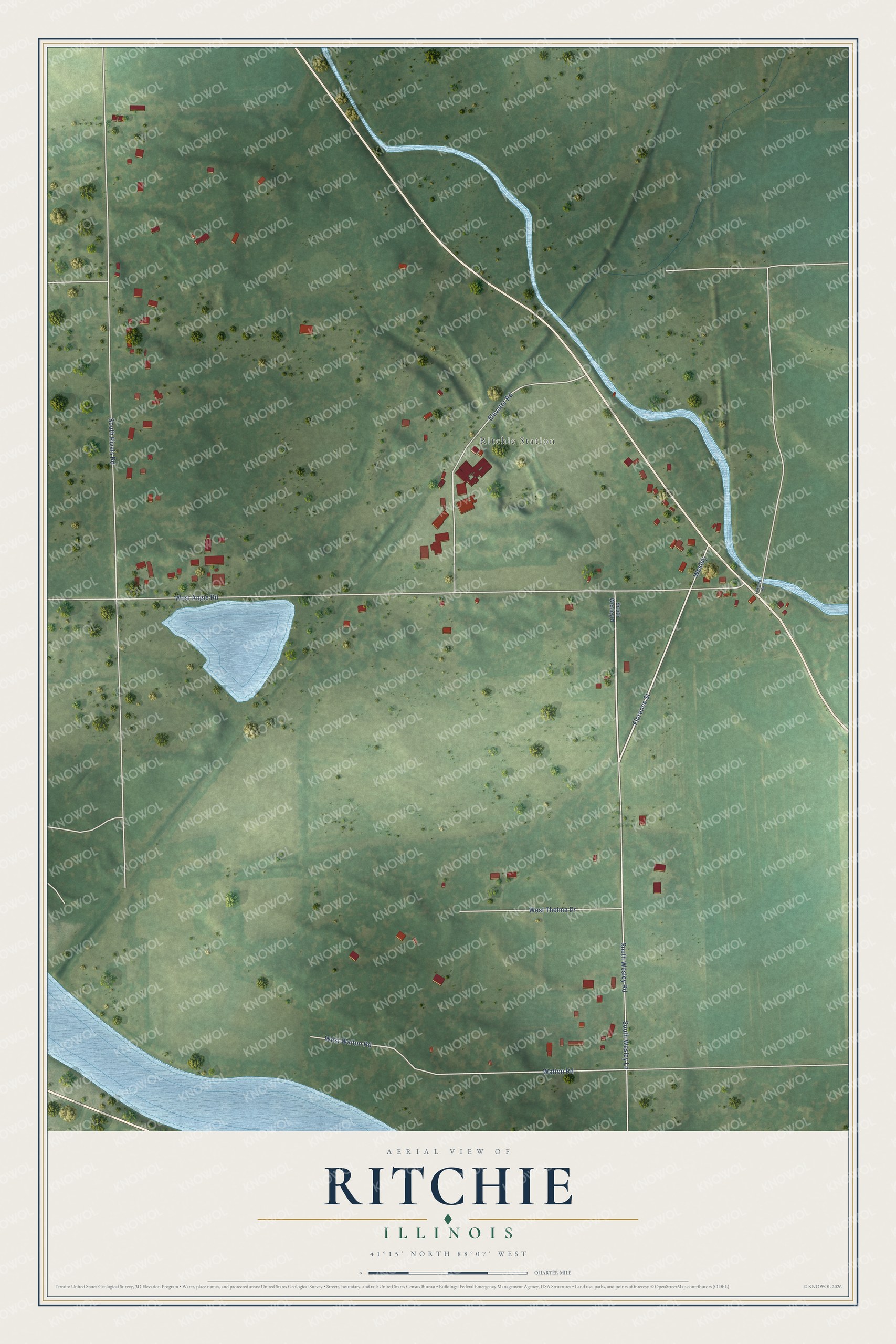 Full map of Ritchie, Illinois, with red buildings, printed street names and the land around them