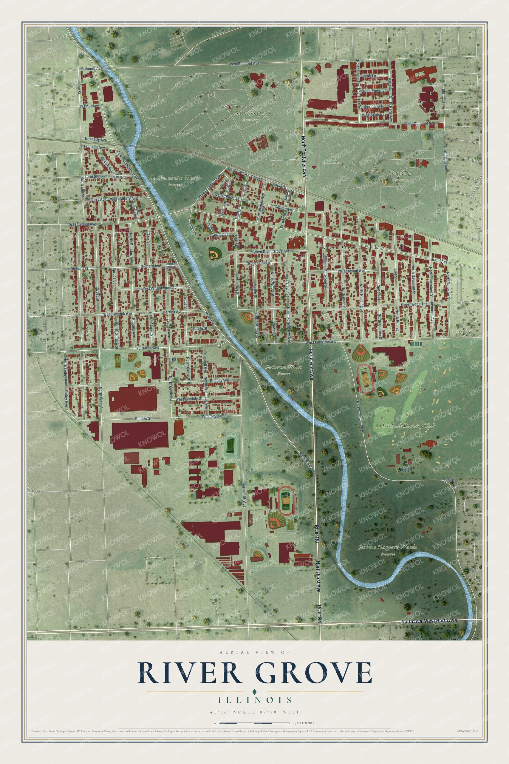 Full map of River Grove, Illinois, with red buildings, printed street names and the land around them