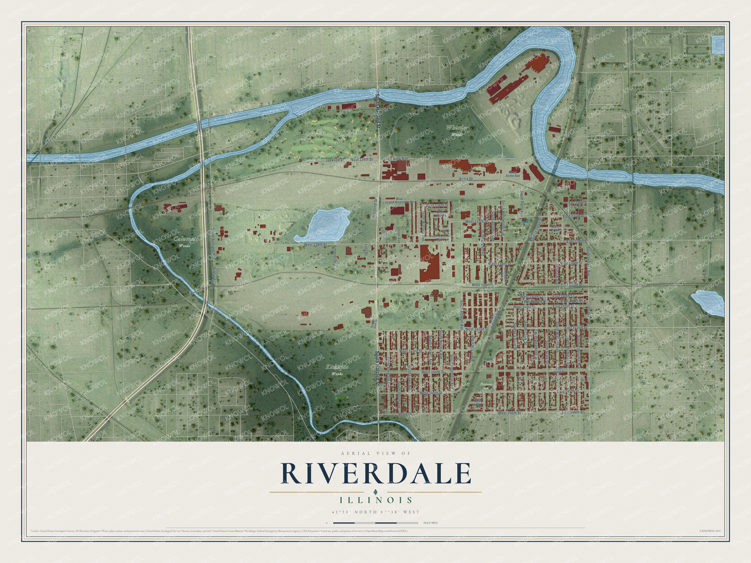 Full map of Riverdale, Illinois, with red buildings, printed street names and the land around them
