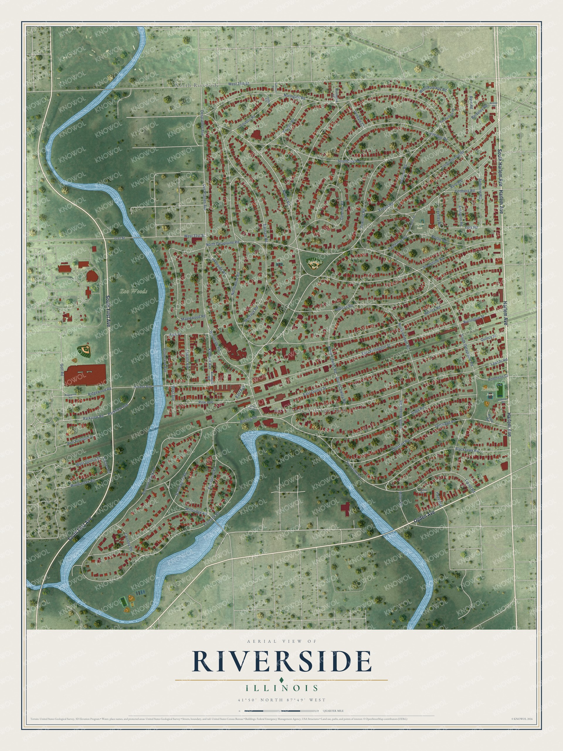 Full map of Riverside, Illinois, with red buildings, printed street names and the land around them