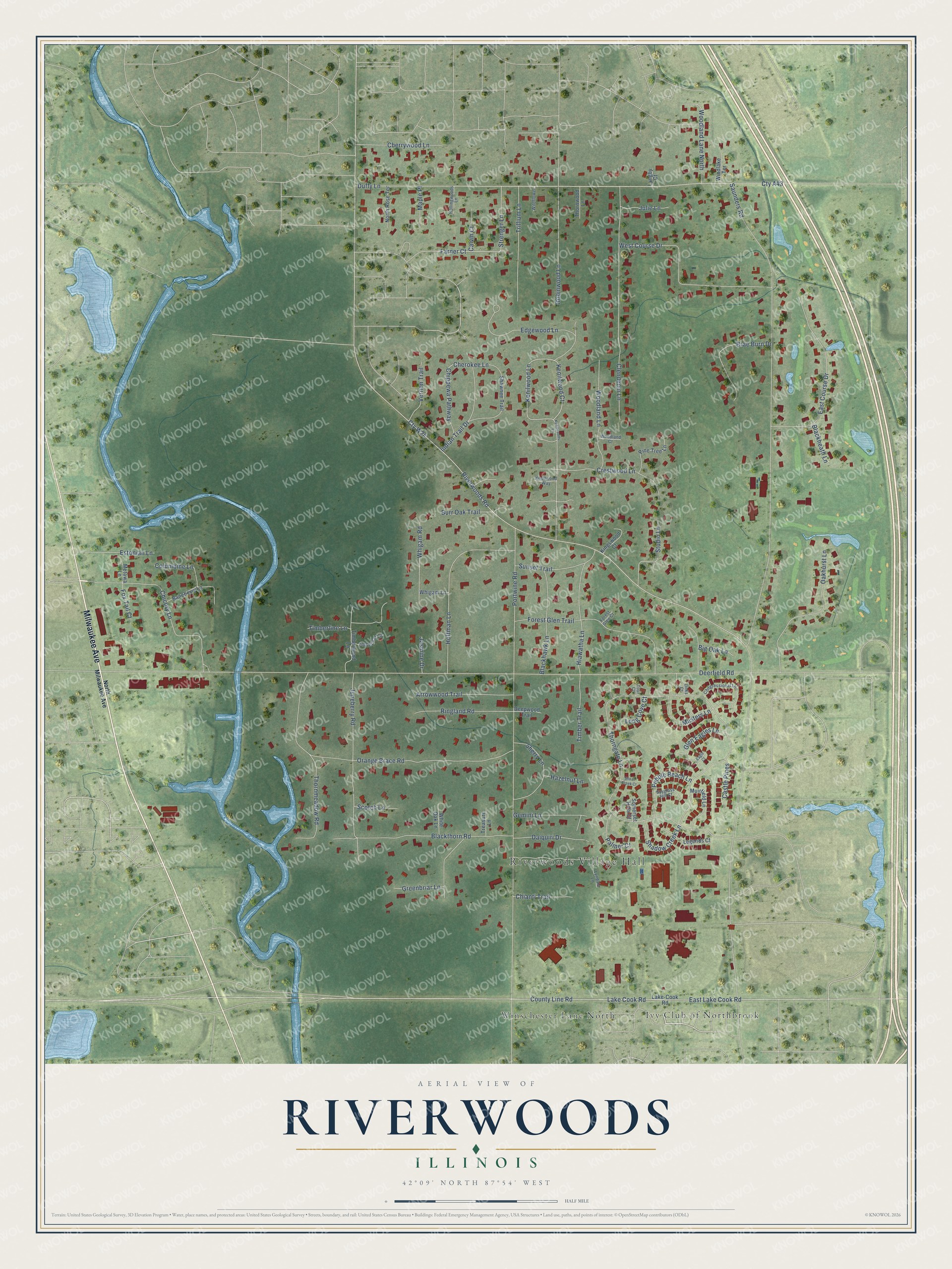 Full map of Riverwoods, Illinois, with red buildings, printed street names and the land around them