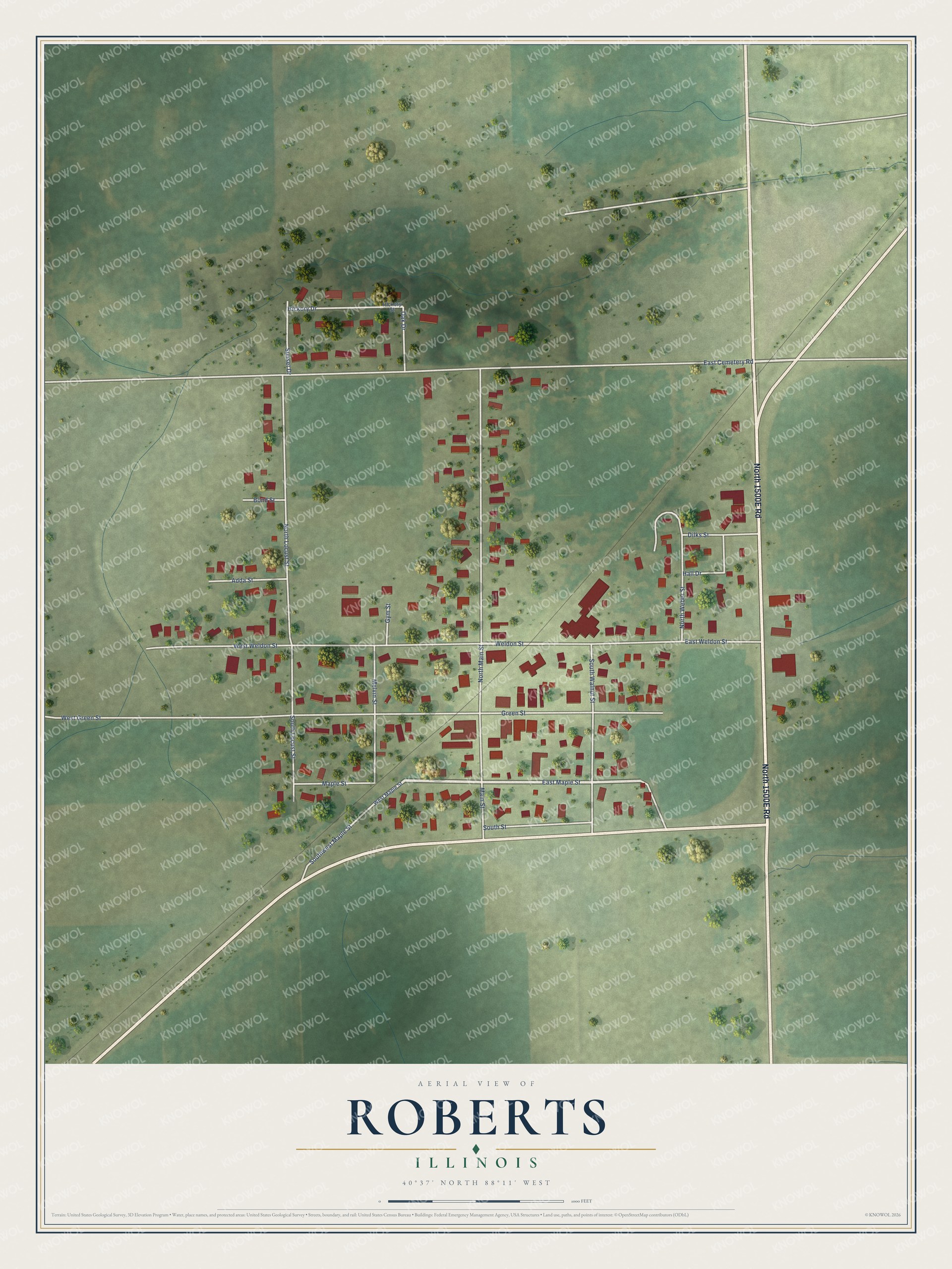 Full map of Roberts, Illinois, with red buildings, printed street names and the land around them