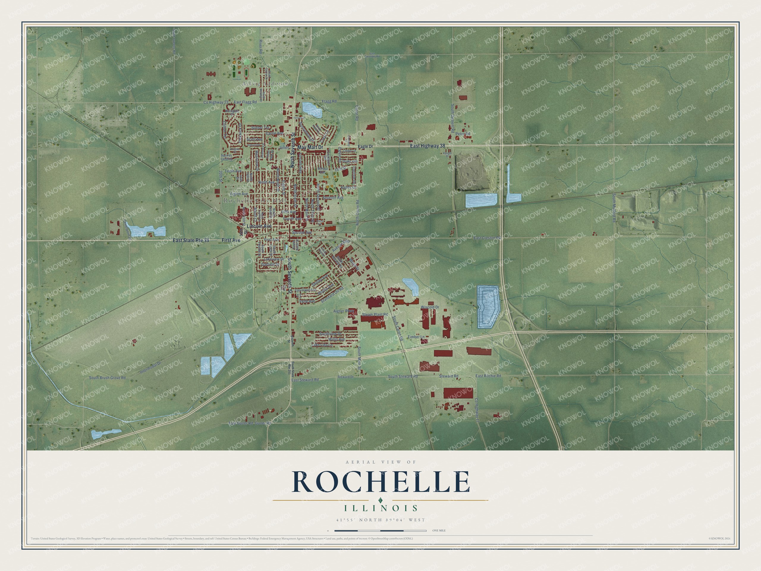Full map of Rochelle, Illinois, with red buildings, printed street names and the land around them