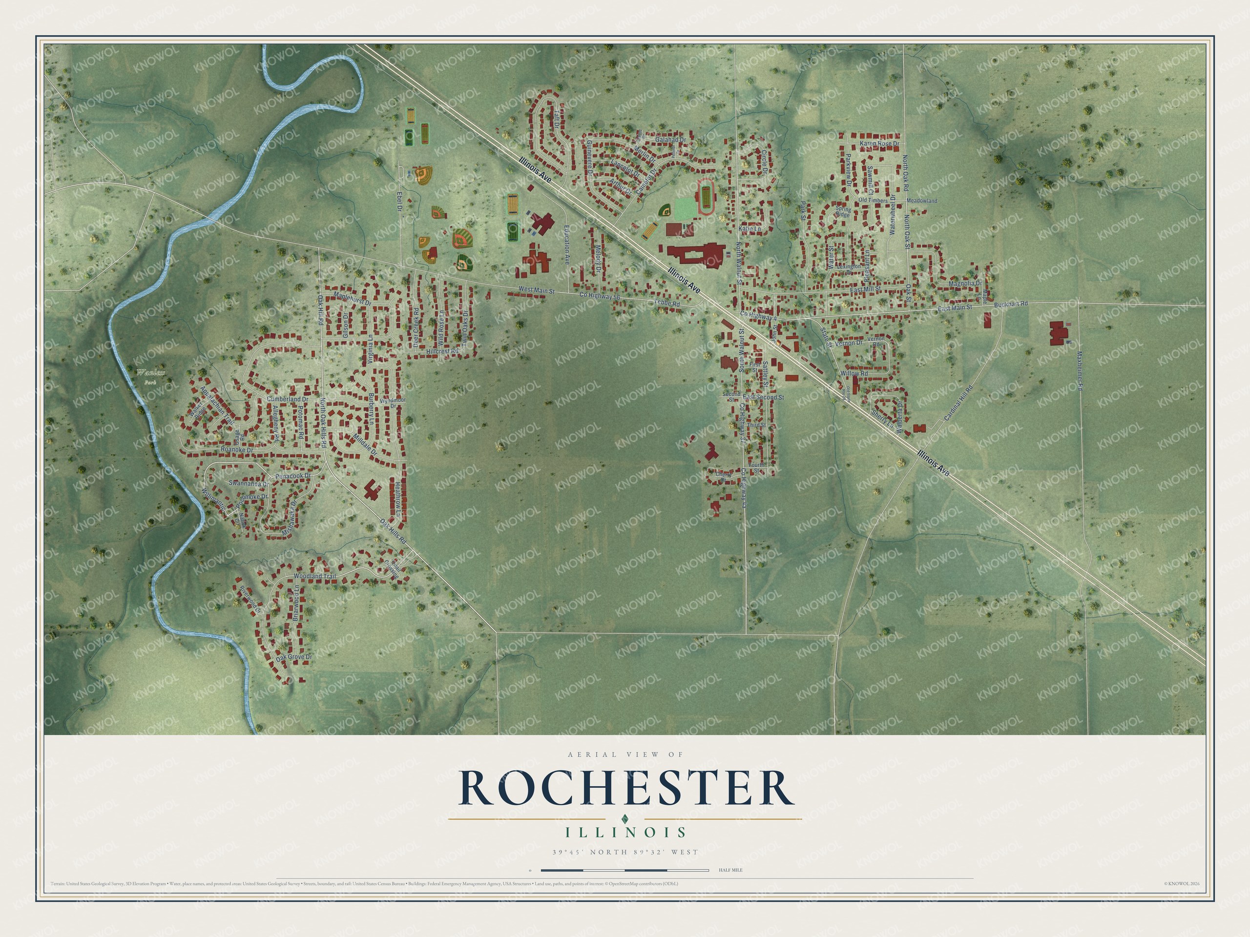 Full map of Rochester, Illinois, with red buildings, printed street names and the land around them