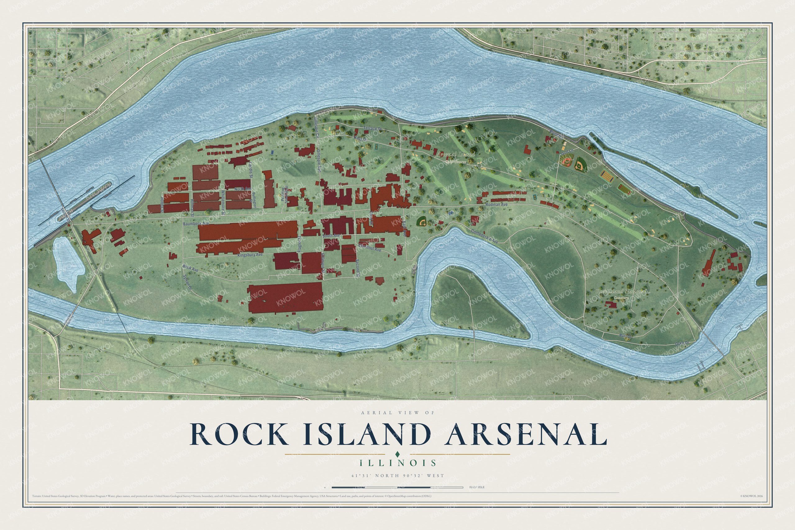 Full map of Rock Island Arsenal, Illinois, with red buildings, printed street names and the land around them