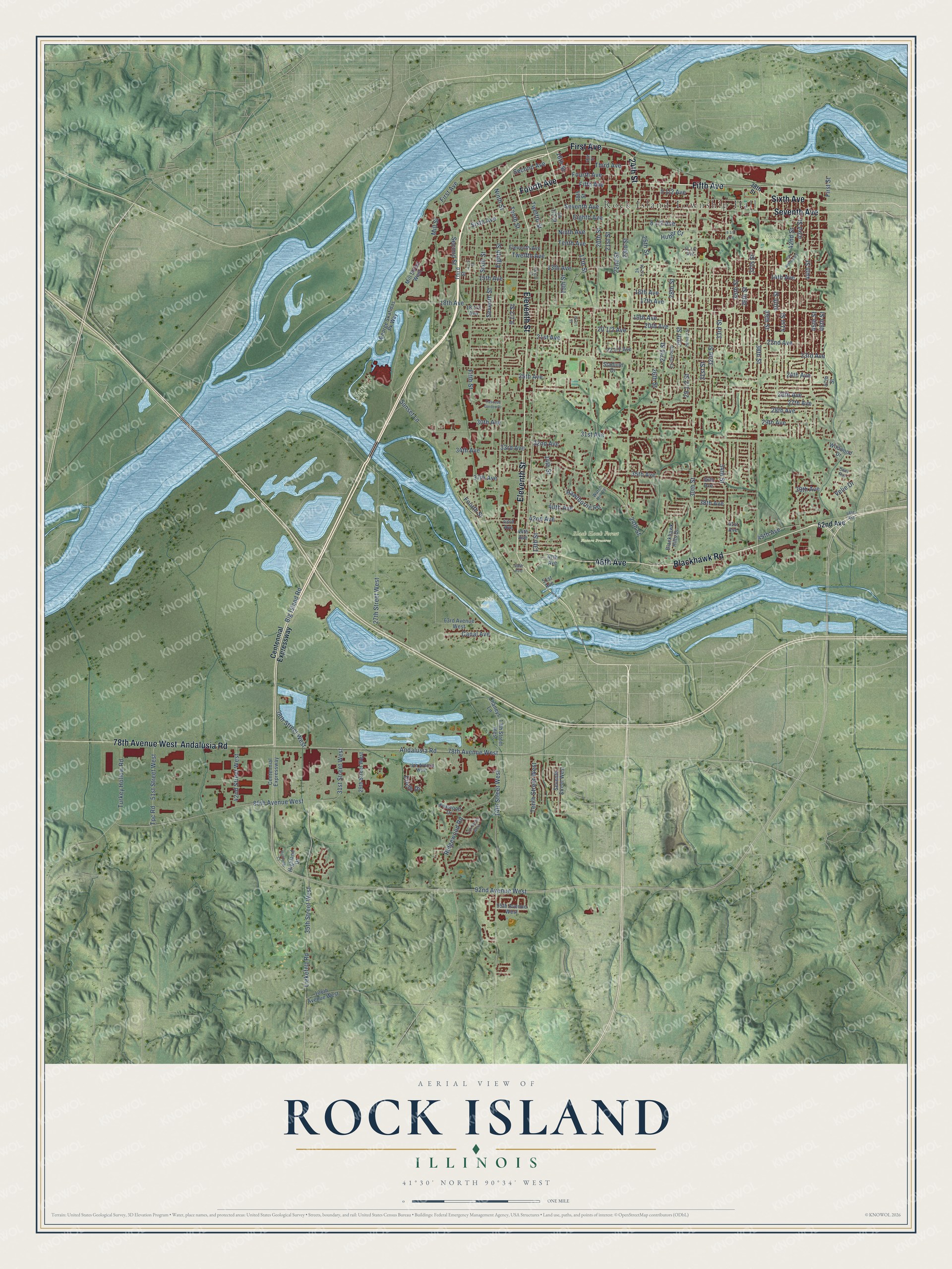 Full map of Rock Island, Illinois, with red buildings, printed street names and the land around them