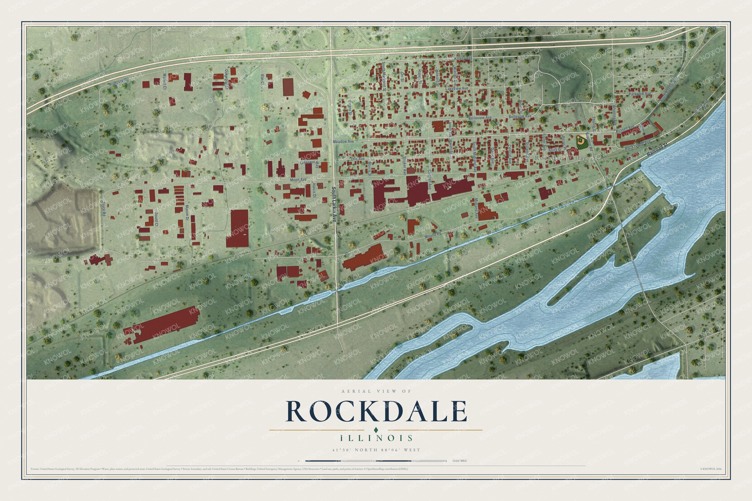 Full map of Rockdale, Illinois, with red buildings, printed street names and the land around them