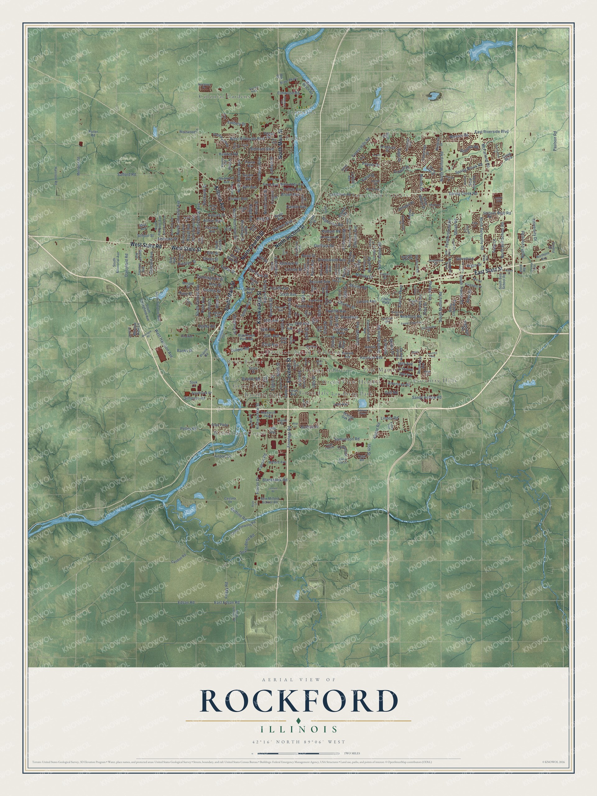 Full map of Rockford, Illinois, with red buildings, printed street names and the land around them