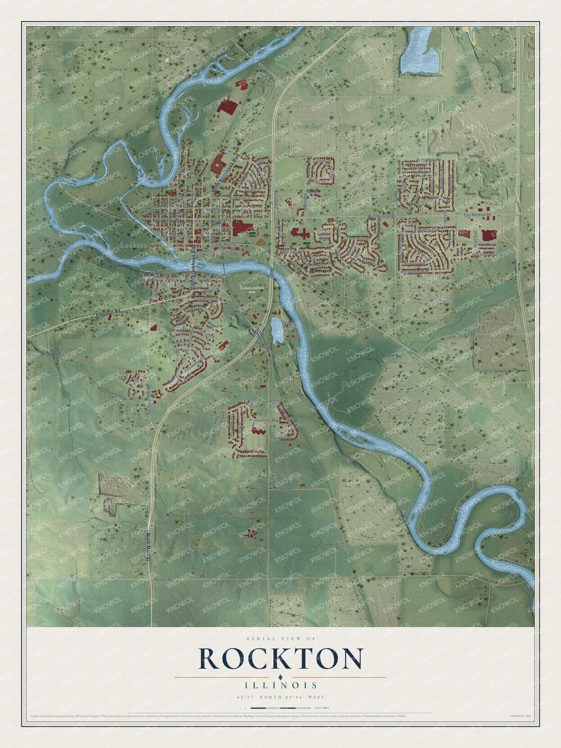 Full map of Rockton, Illinois, with red buildings, printed street names and the land around them