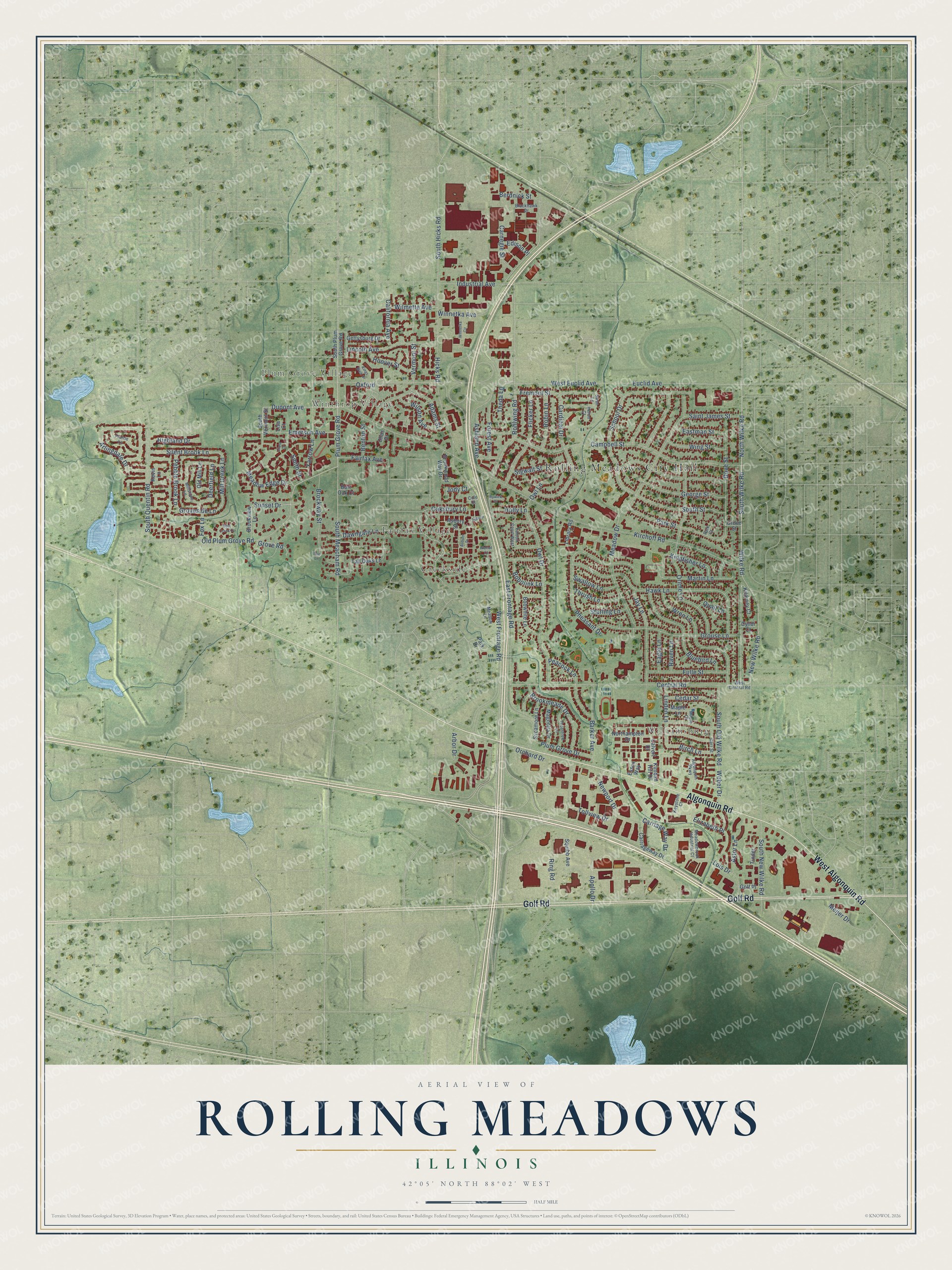 Full map of Rolling Meadows, Illinois, with red buildings, printed street names and the land around them
