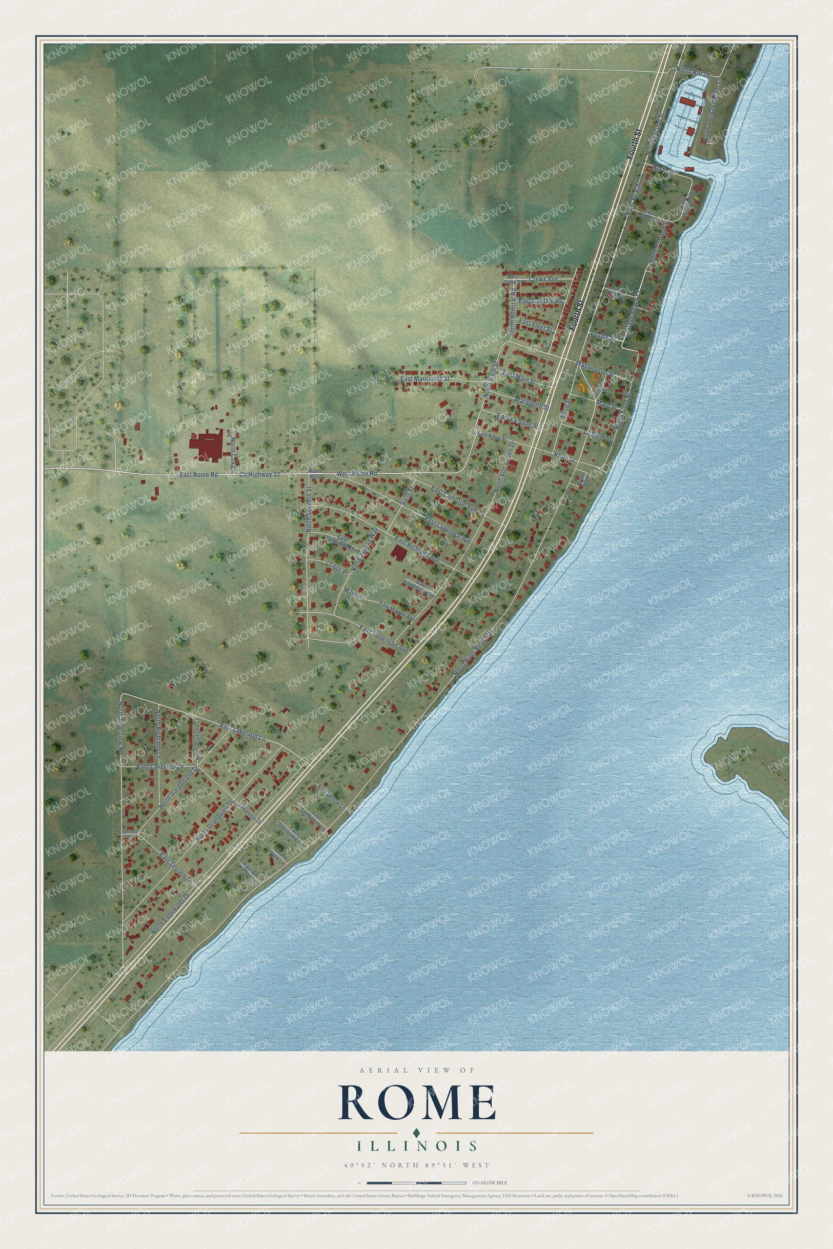 Full map of Rome, Illinois, with red buildings, printed street names and the land around them