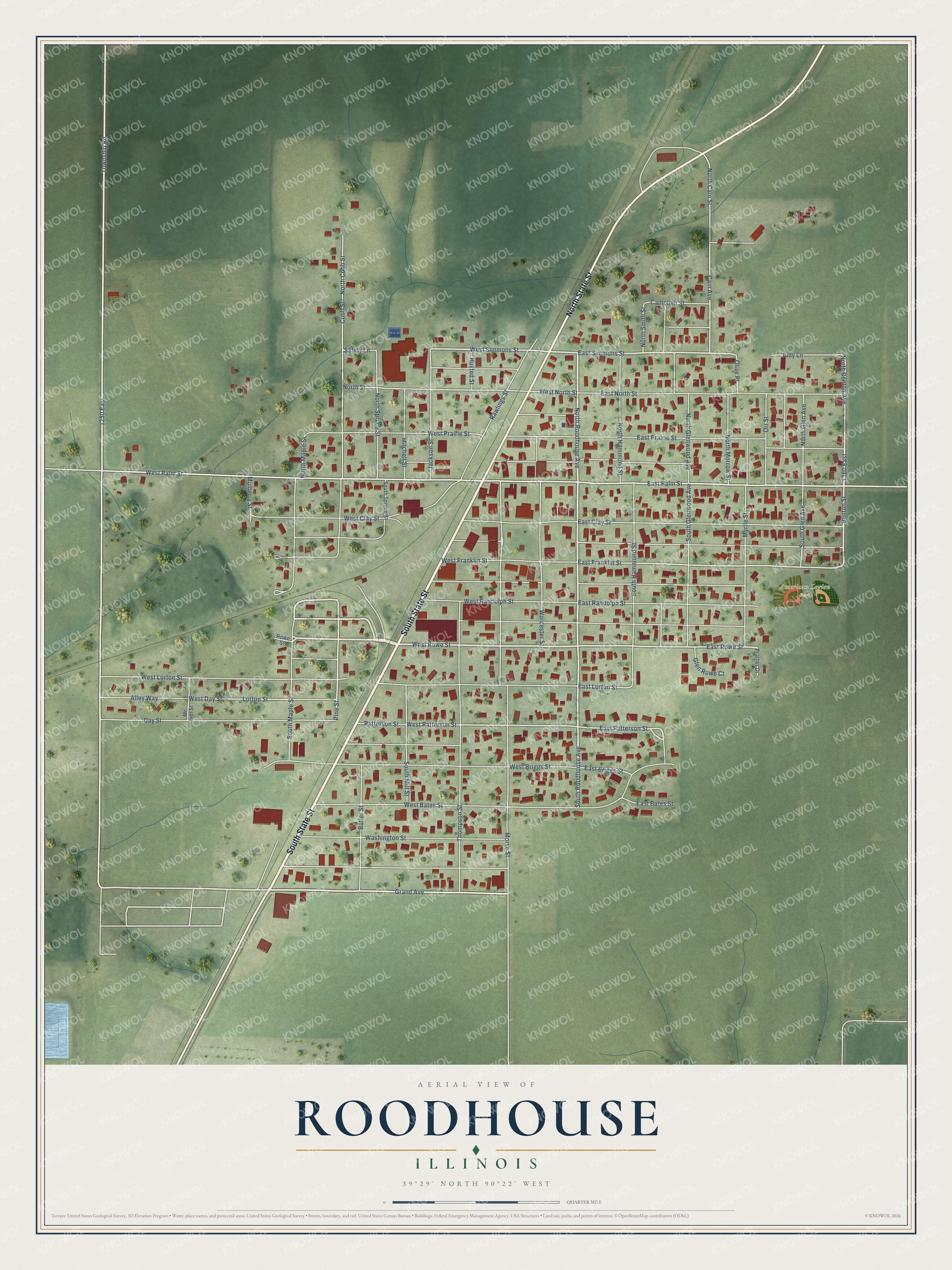 Full map of Roodhouse, Illinois, with red buildings, printed street names and the land around them