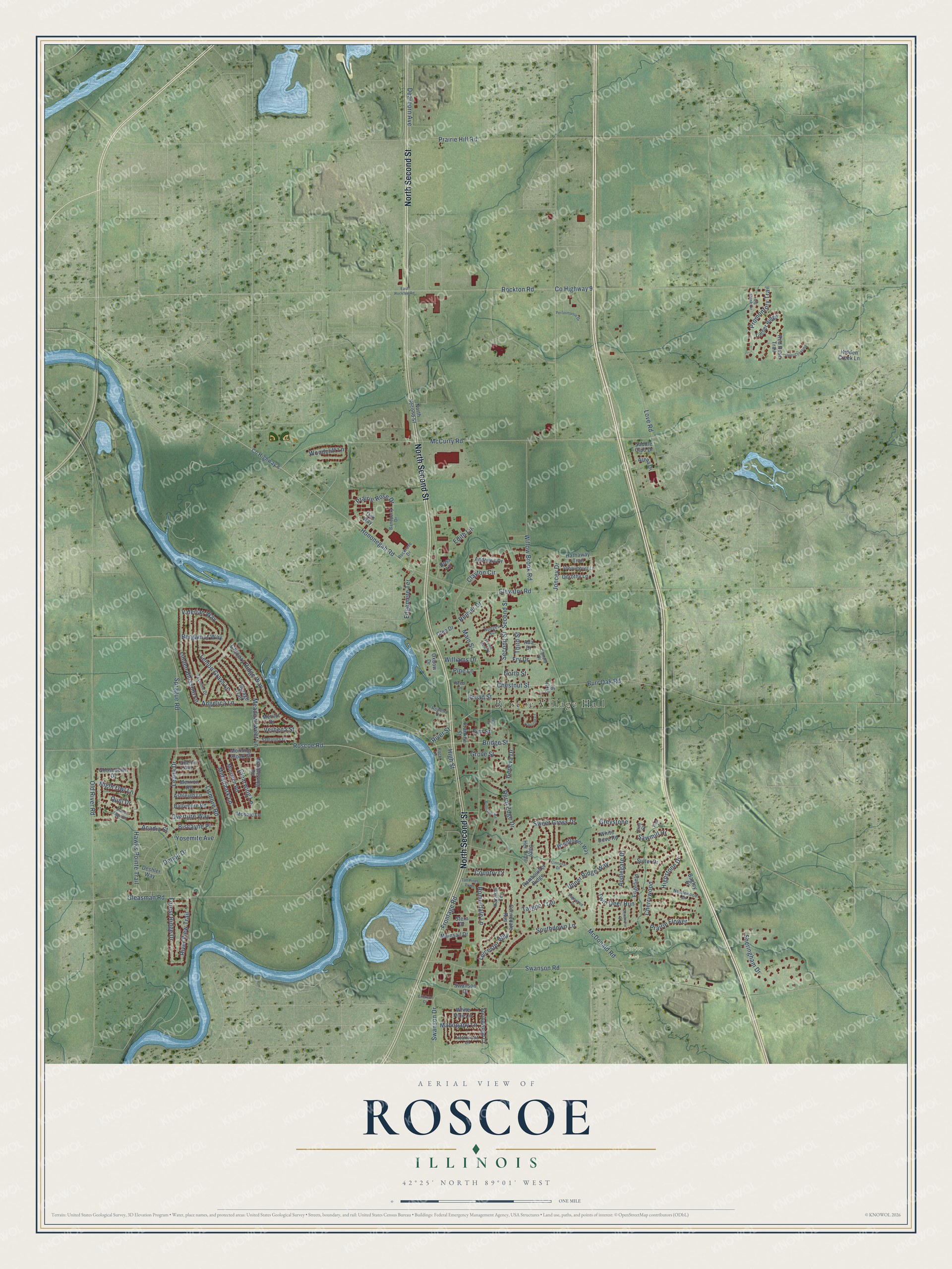 Full map of Roscoe, Illinois, with red buildings, printed street names and the land around them