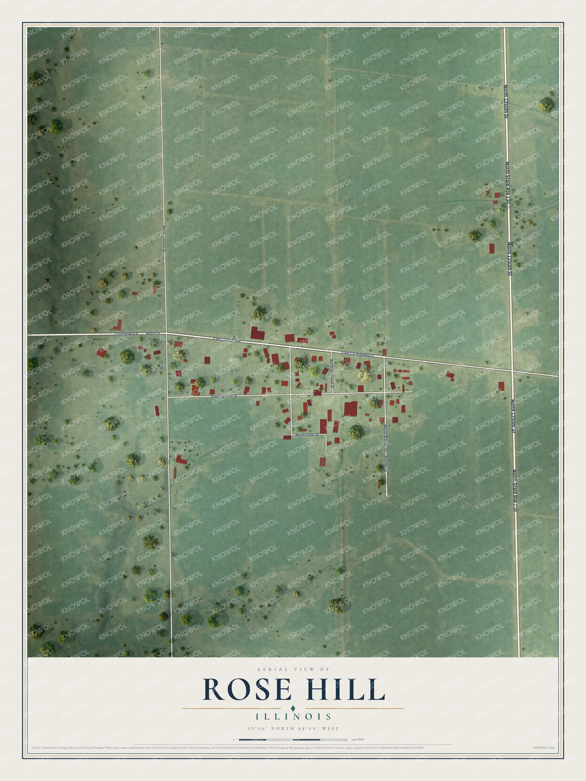 Full map of Rose Hill, Illinois, with red buildings, printed street names and the land around them