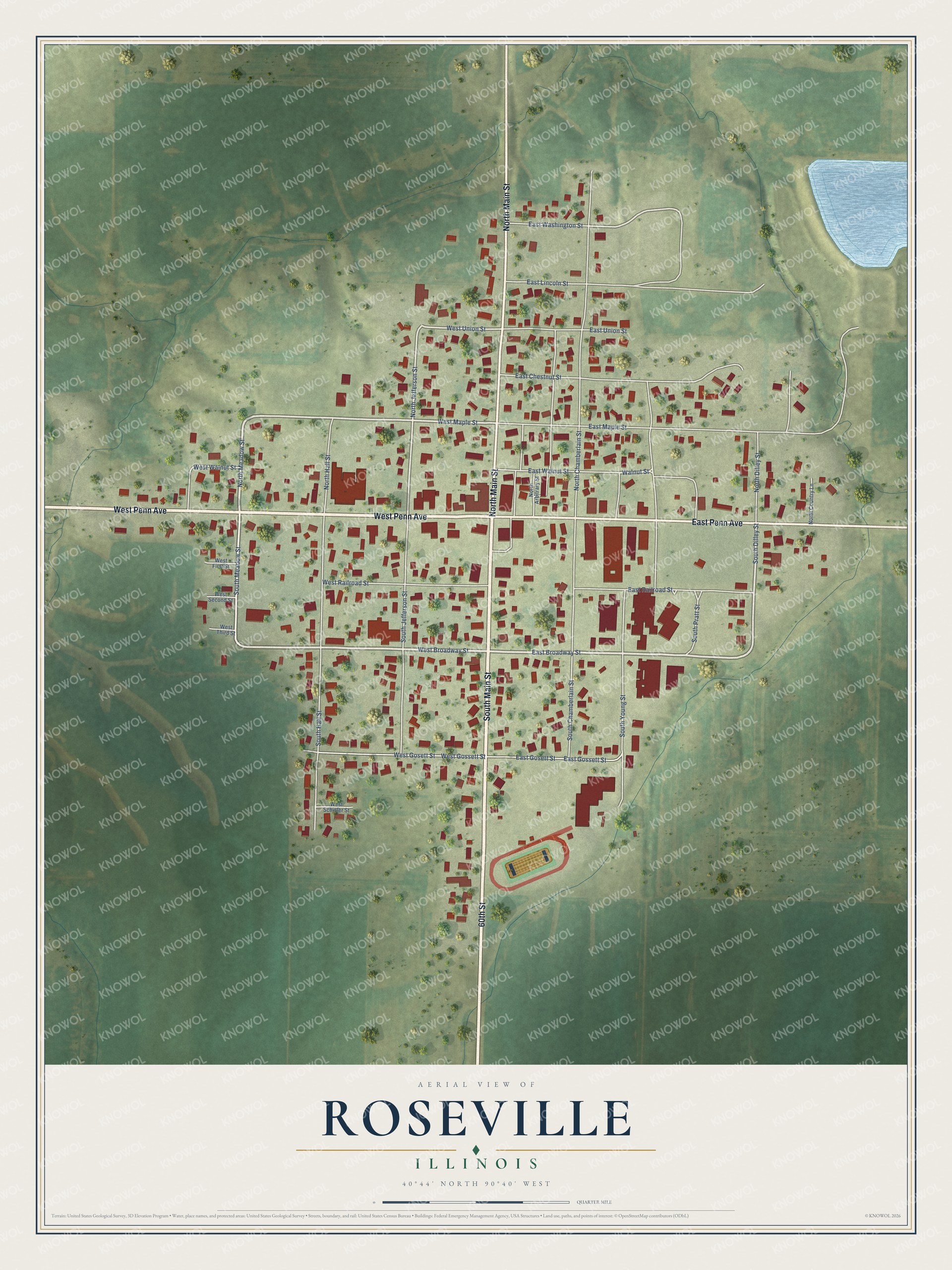 Full map of Roseville, Illinois, with red buildings, printed street names and the land around them