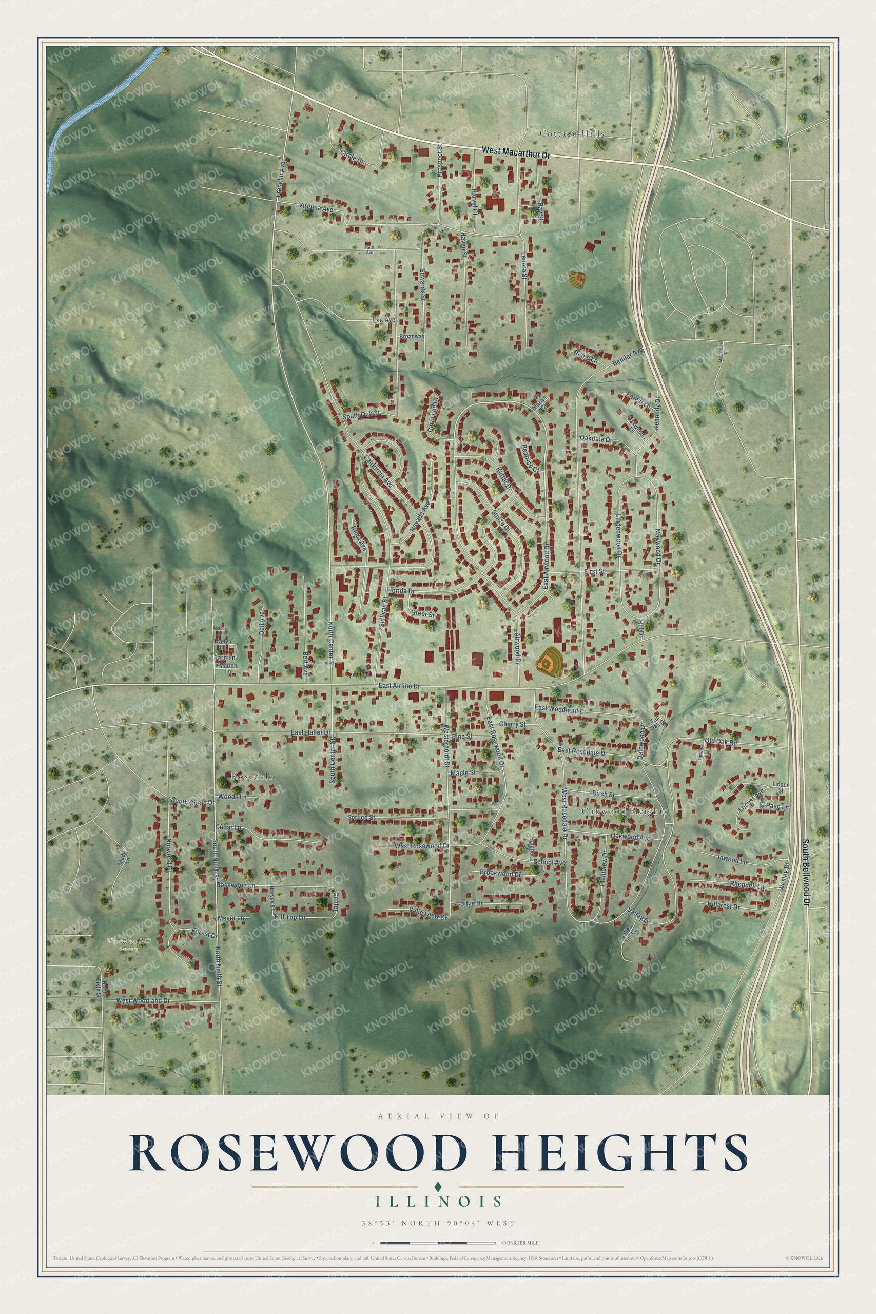 Full map of Rosewood Heights, Illinois, with red buildings, printed street names and the land around them