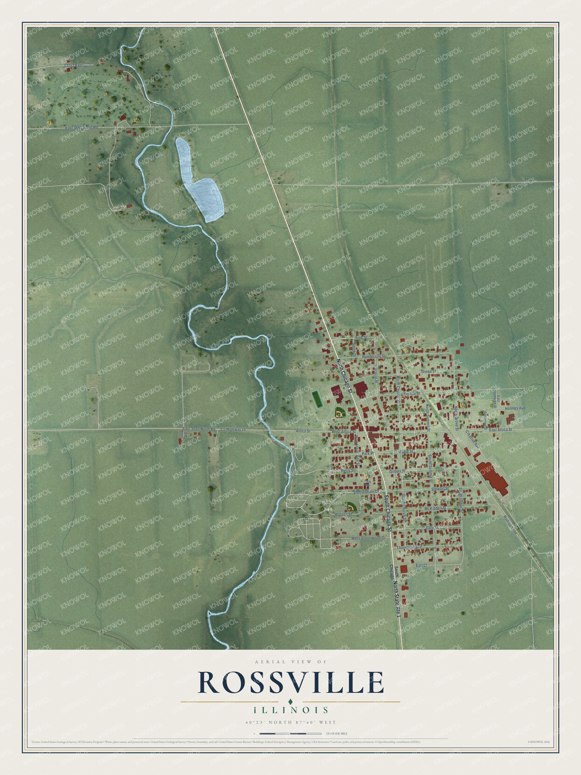 Full map of Rossville, Illinois, with red buildings, printed street names and the land around them