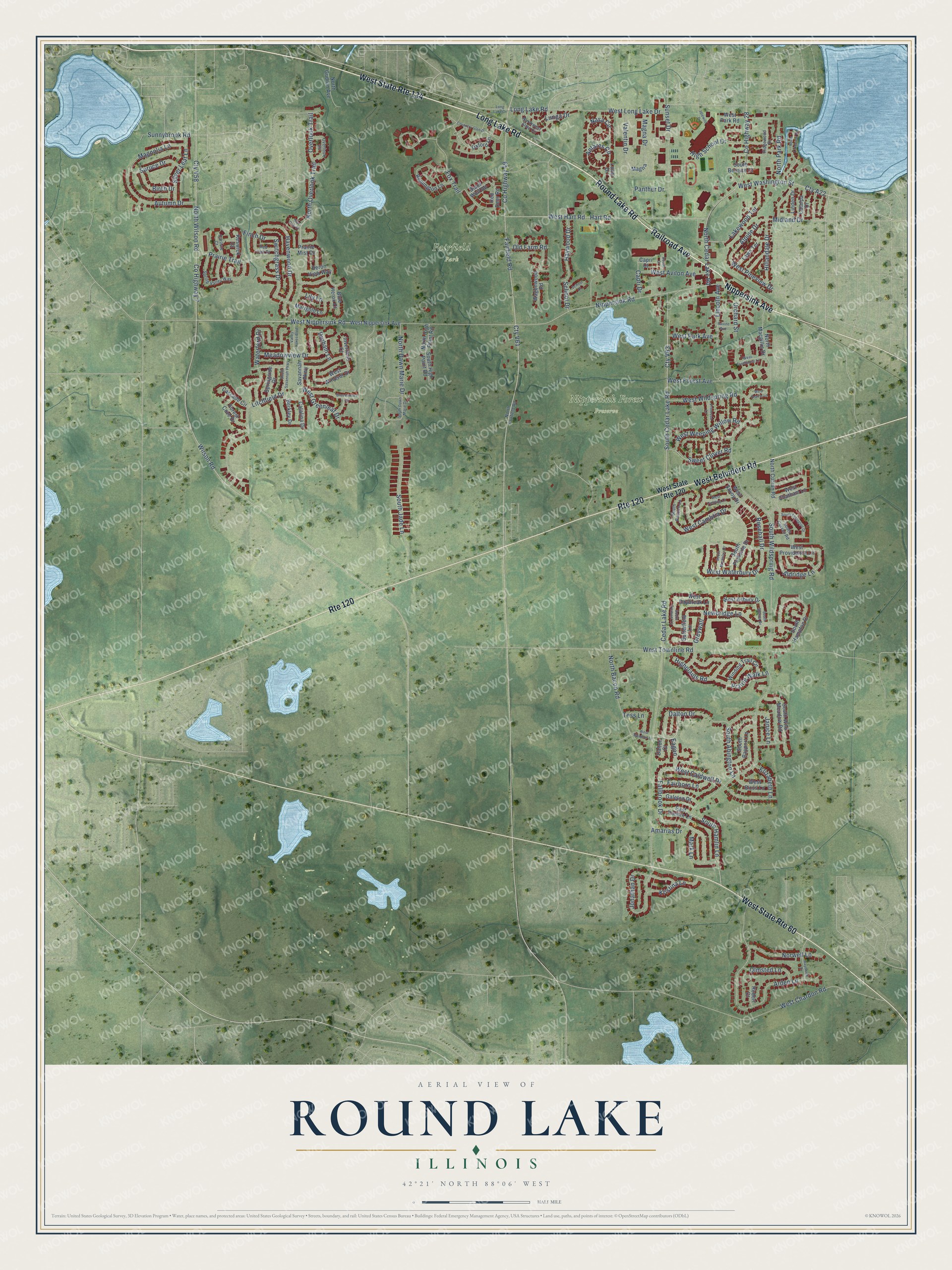 Full map of Round Lake, Illinois, with red buildings, printed street names and the land around them