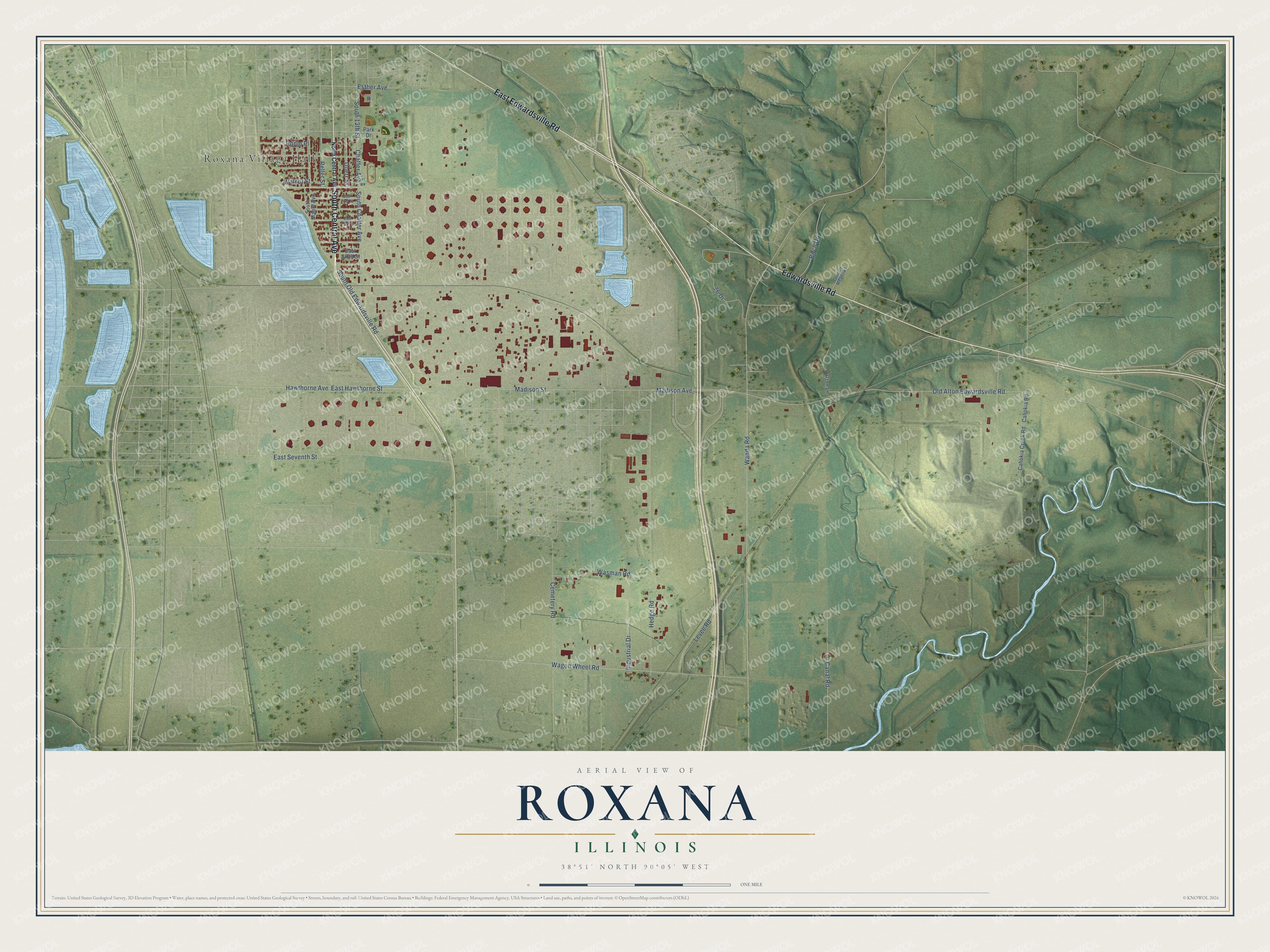 Full map of Roxana, Illinois, with red buildings, printed street names and the land around them