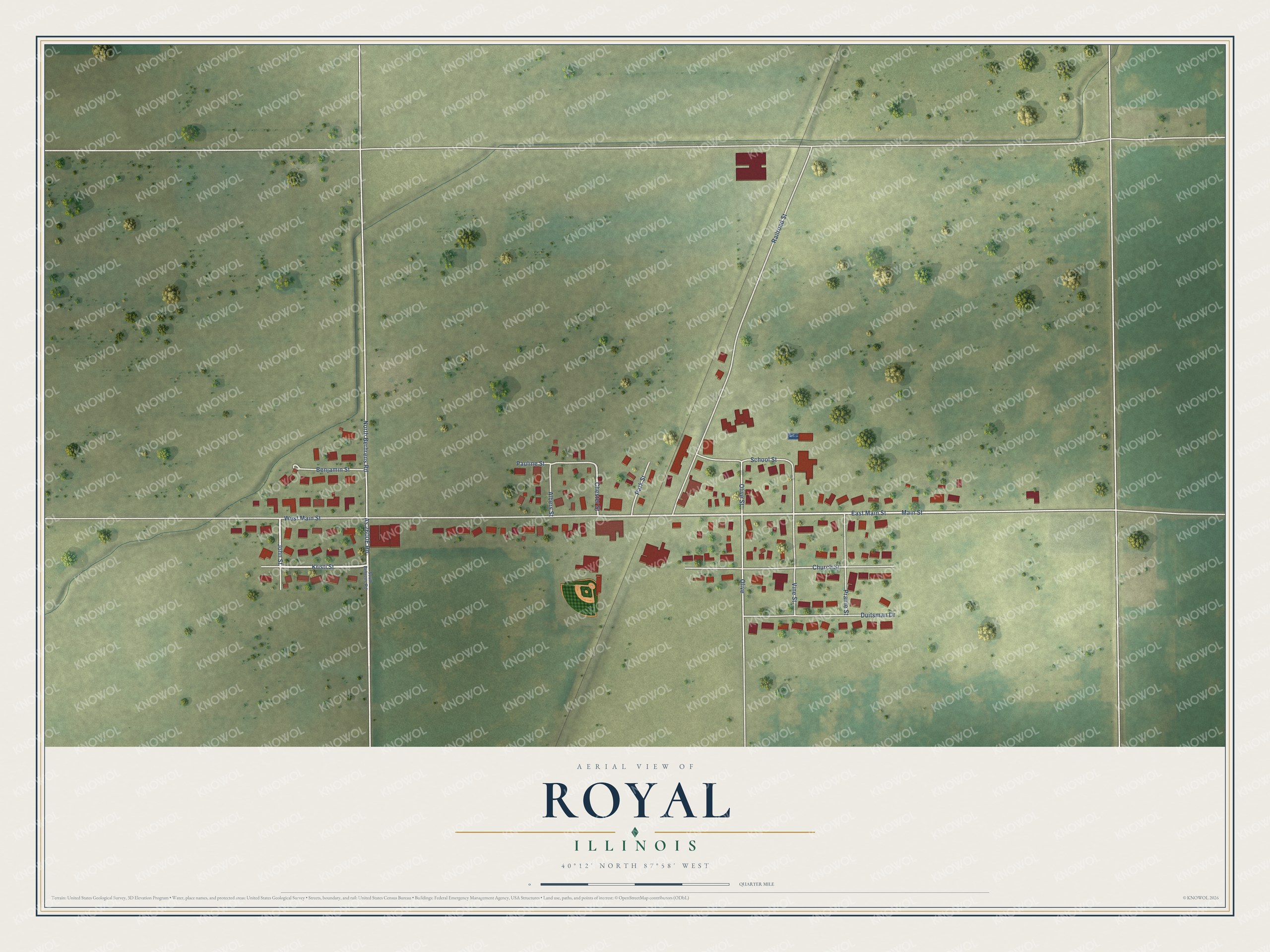 Full map of Royal, Illinois, with red buildings, printed street names and the land around them