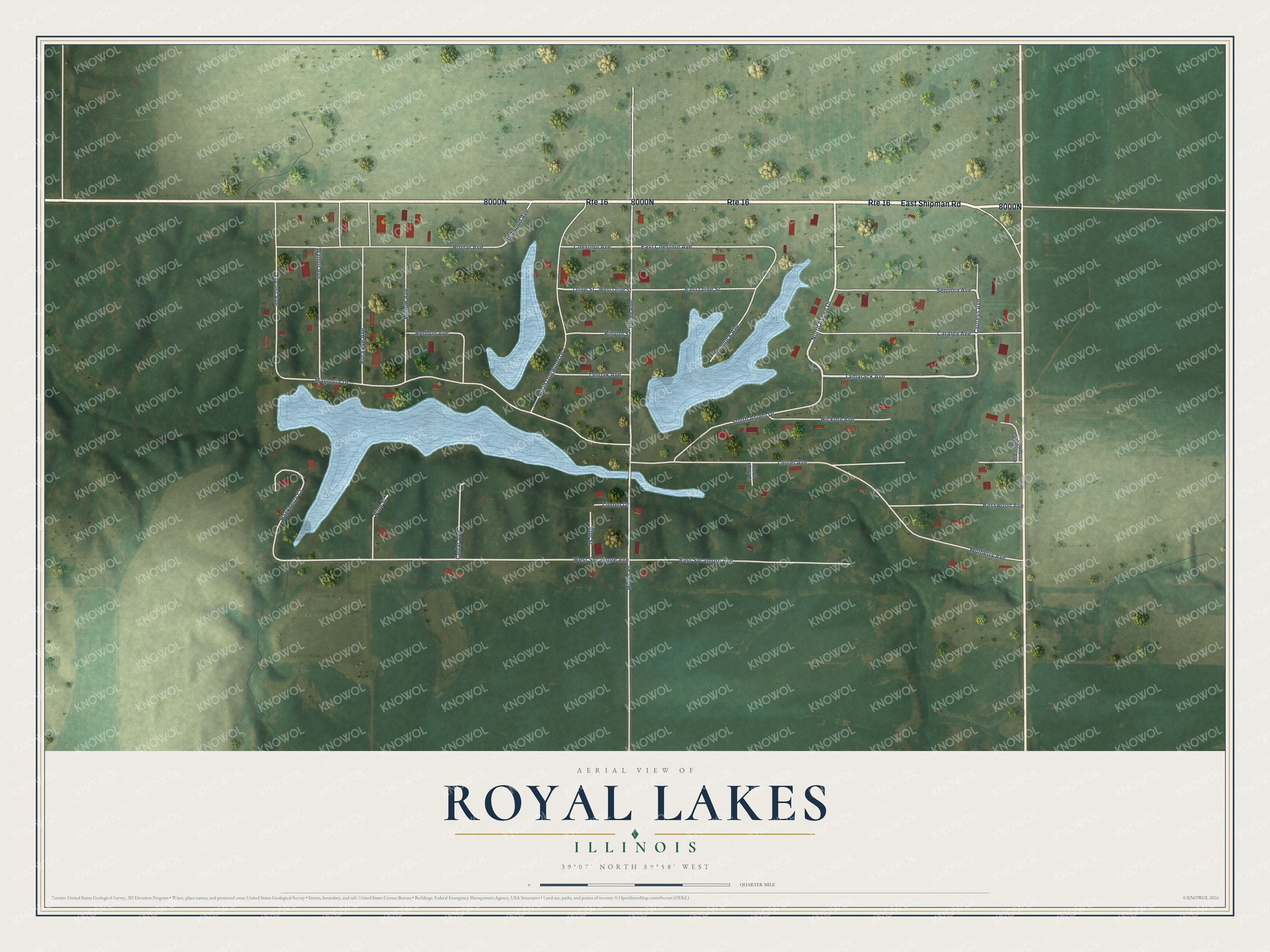 Full map of Royal Lakes, Illinois, with red buildings, printed street names and the land around them