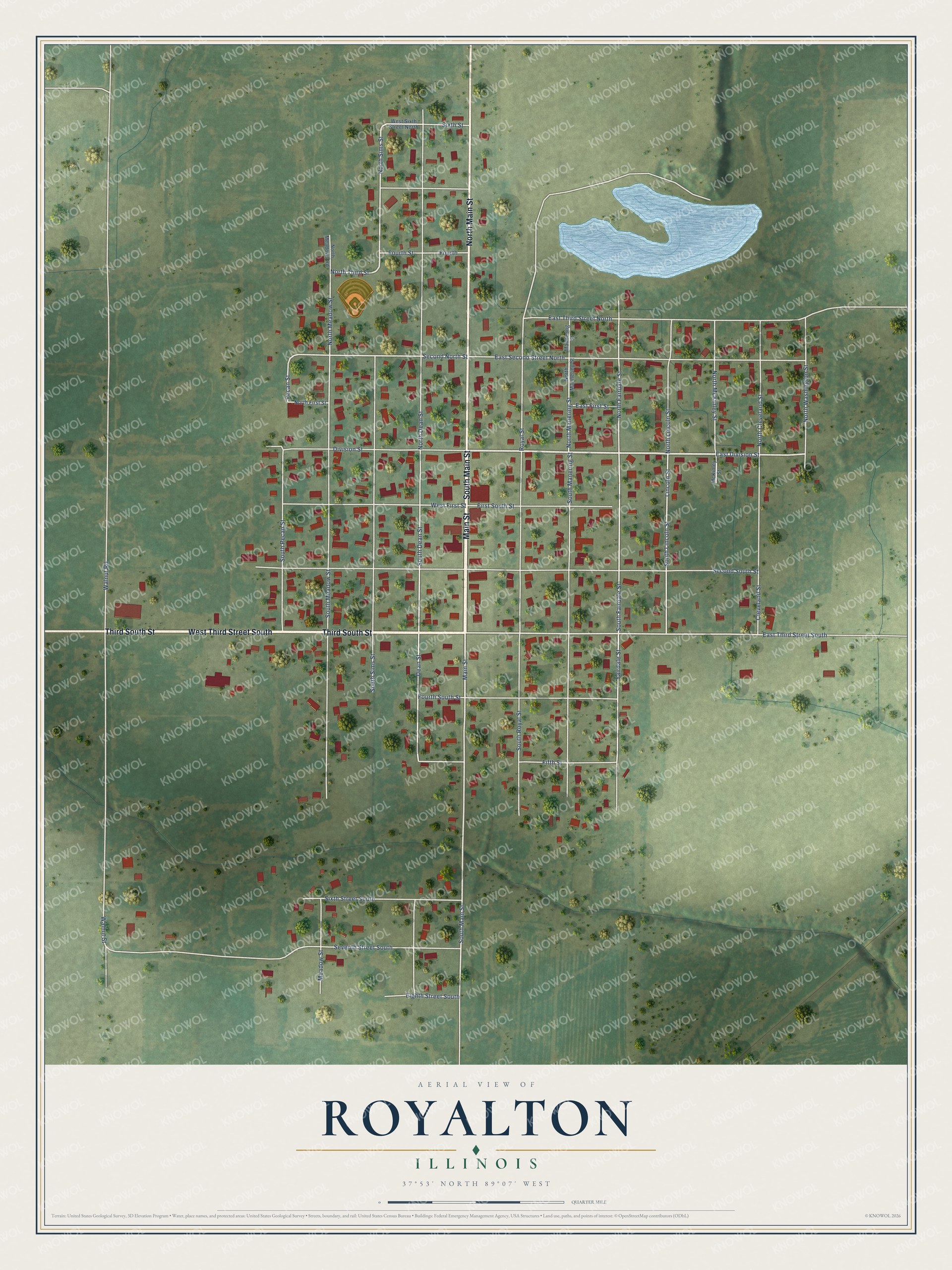 Full map of Royalton, Illinois, with red buildings, printed street names and the land around them