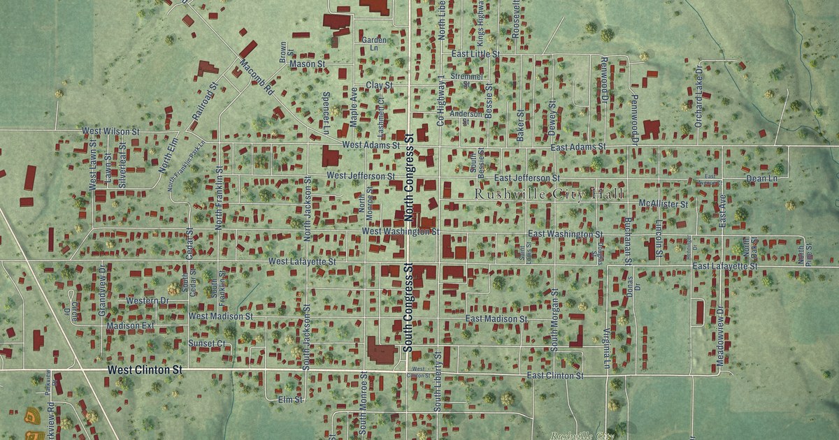 Map of Rushville, Illinois in 2026