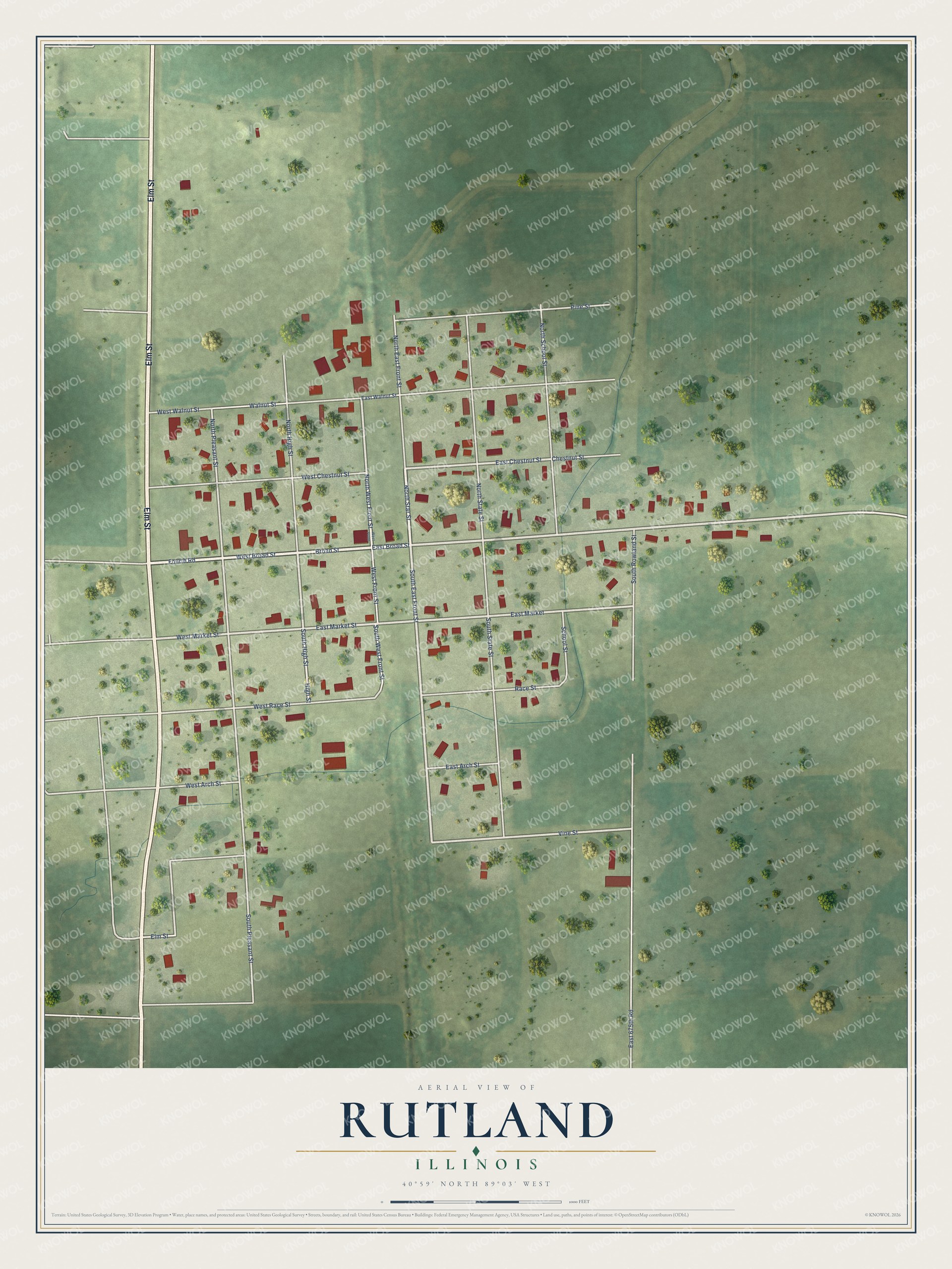 Full map of Rutland, Illinois, with red buildings, printed street names and the land around them