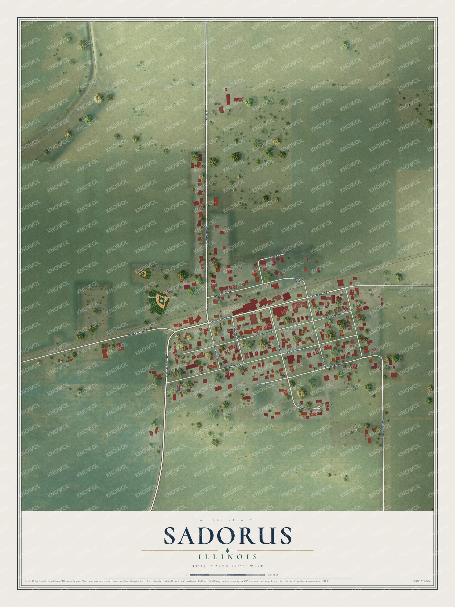 Full map of Sadorus, Illinois, with red buildings, printed street names and the land around them