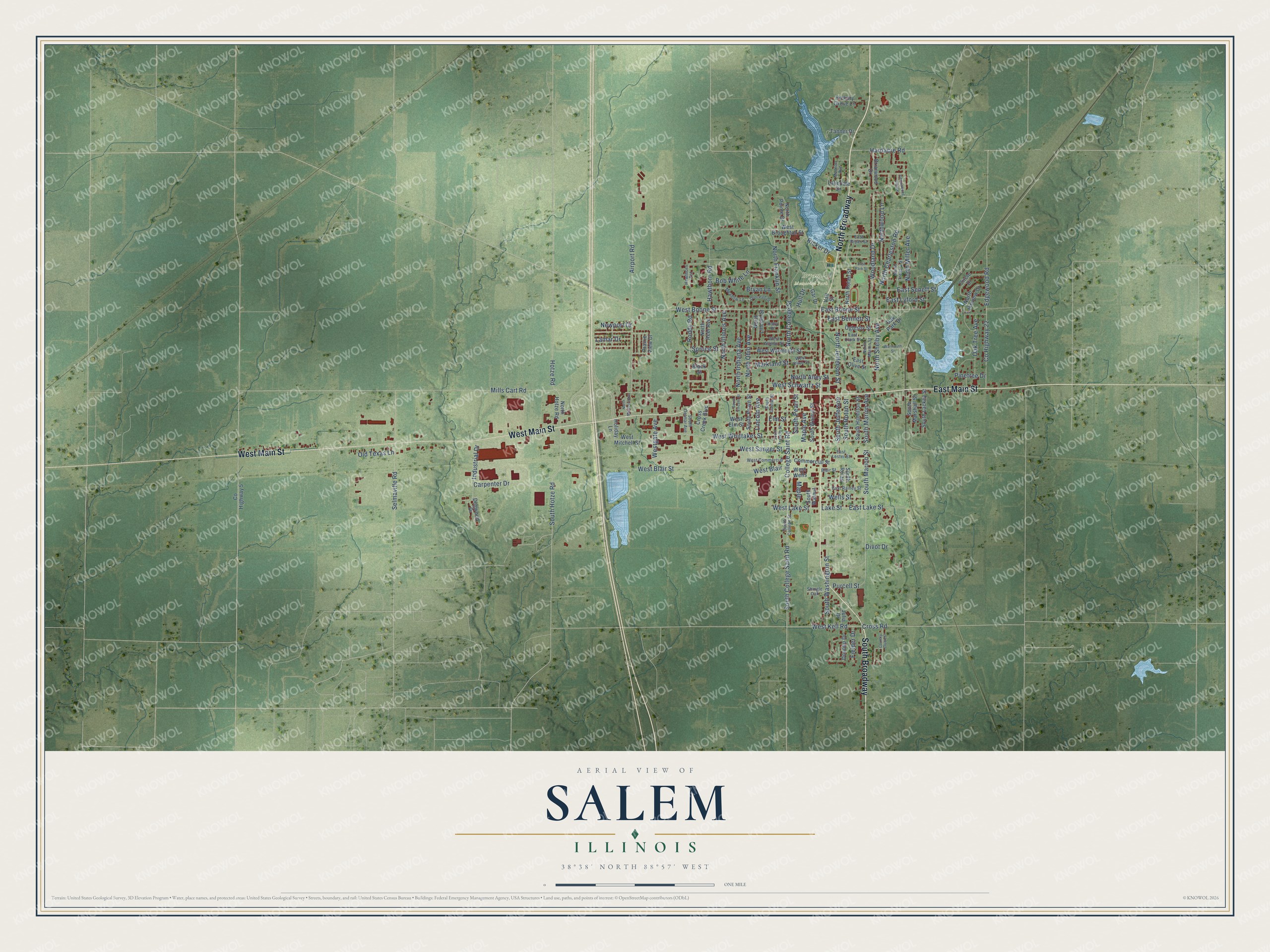Full map of Salem, Illinois, with red buildings, printed street names and the land around them